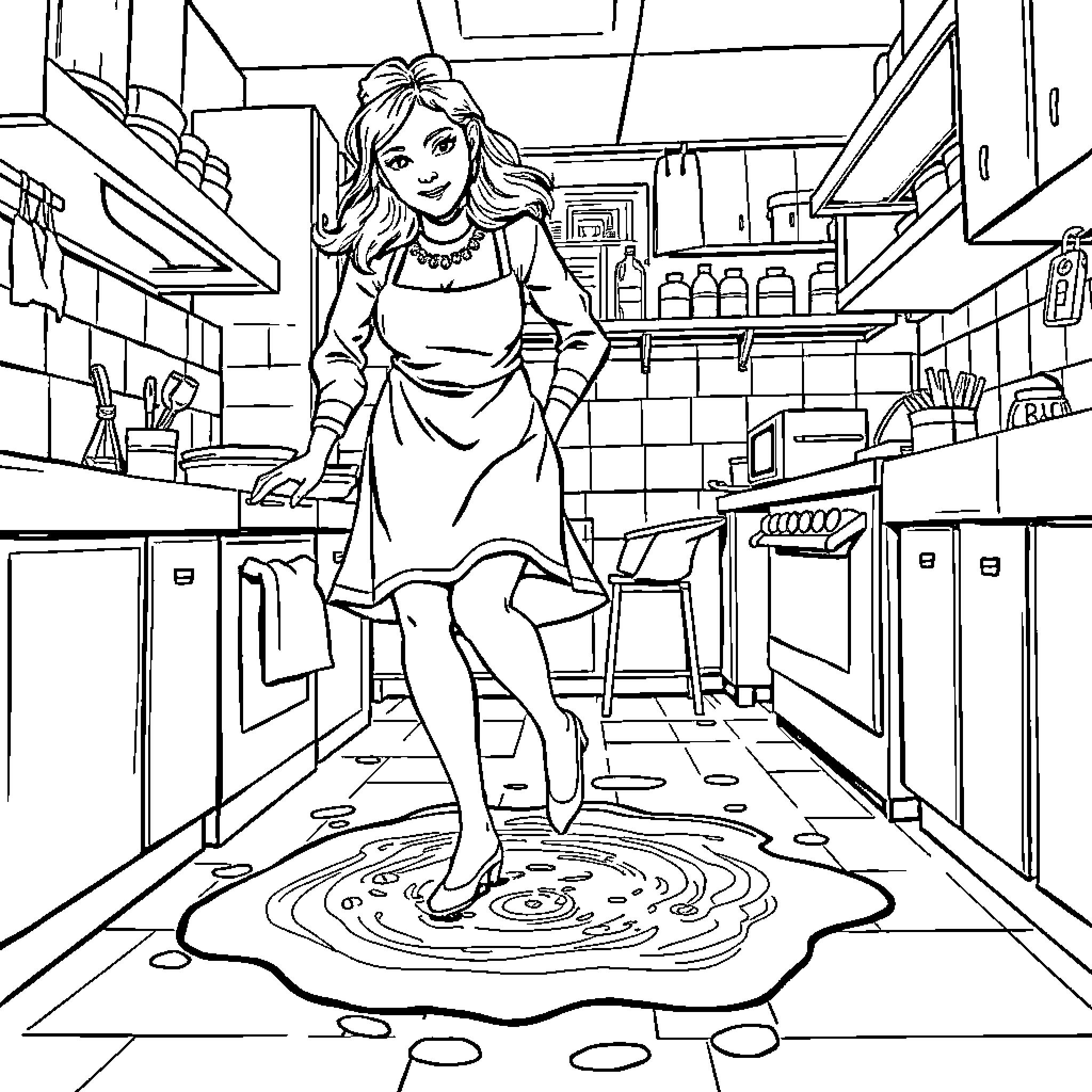 Lady working diligently in kitchen with appliances Coloring Page (free black-and-white line drawing printable PDF for all, from beginners to advanced learners, including children, teens, adults, and seniors)
