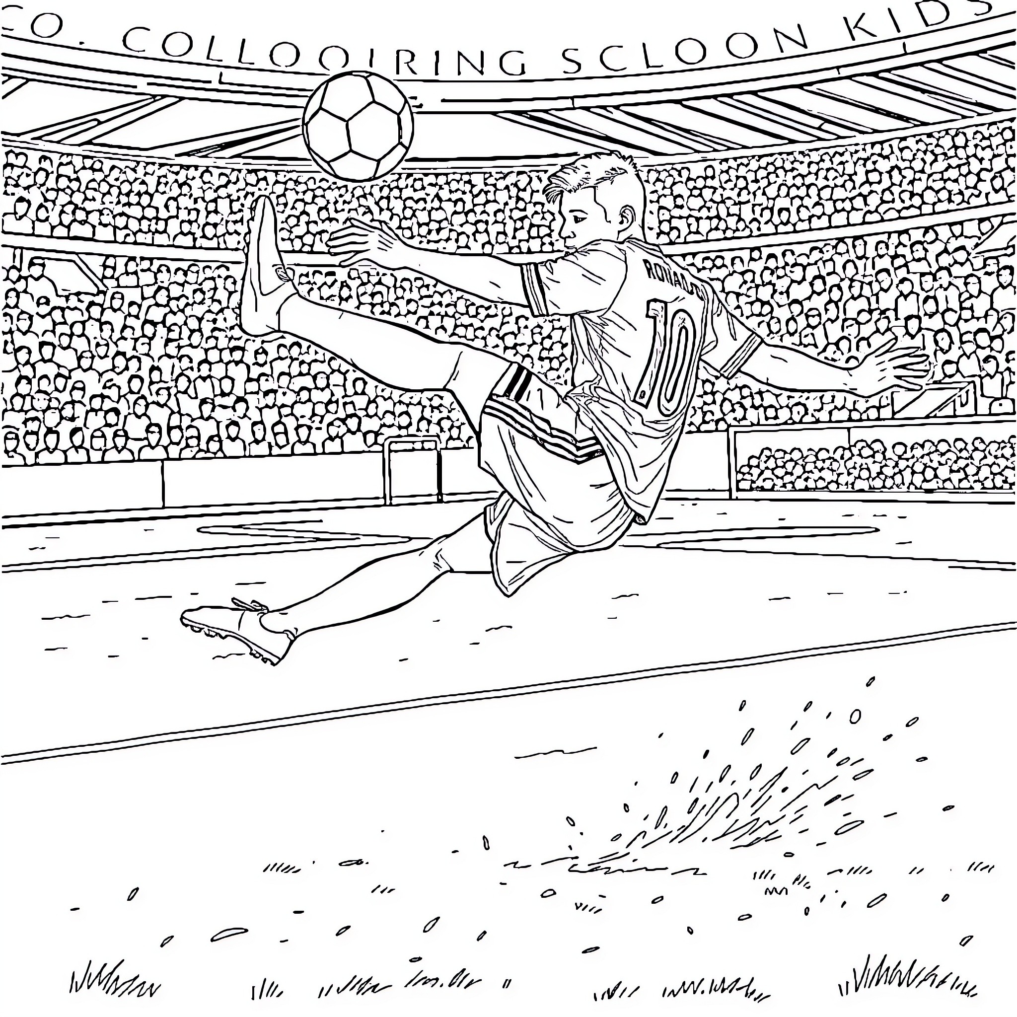 Ronaldo's soccer skills on the field Coloring Page (free black-and-white line drawing printable PDF for all, from beginners to advanced learners, including children, teens, adults, and seniors)