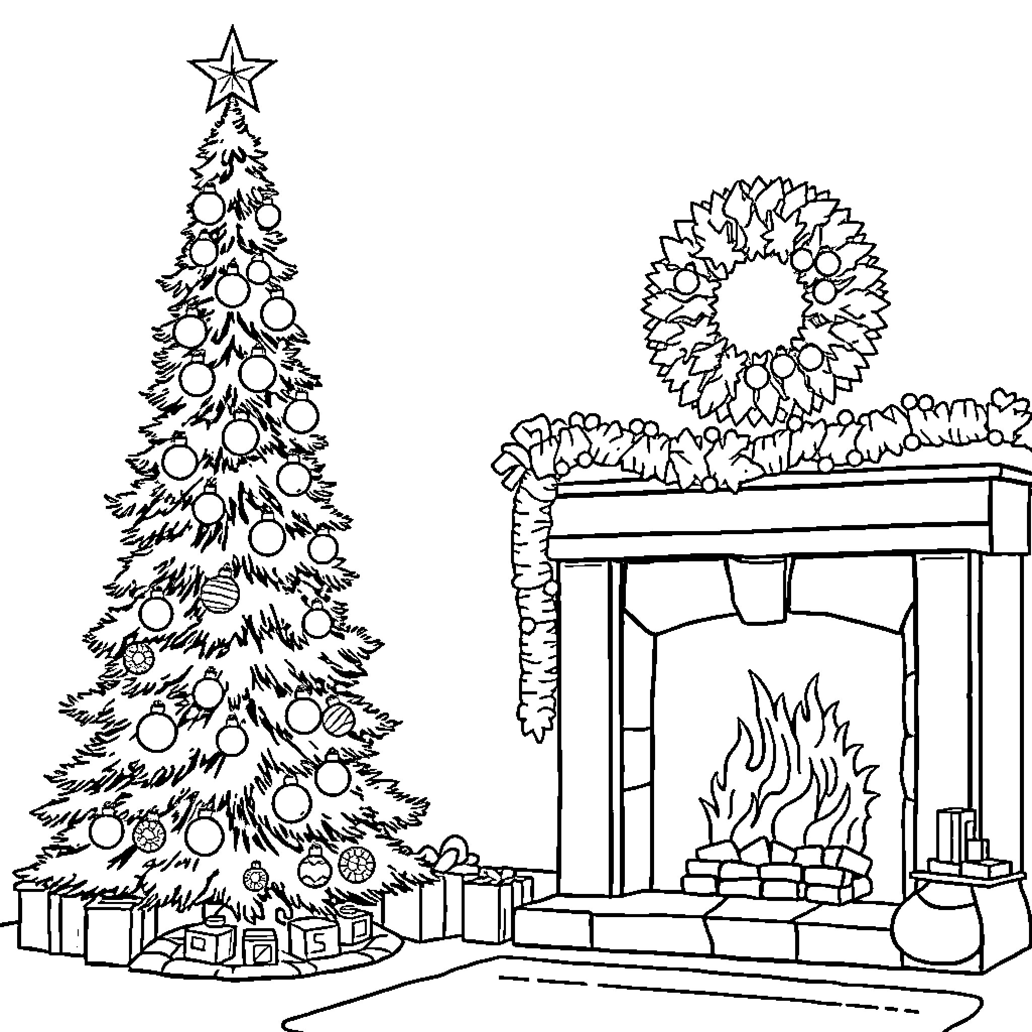 Christmas Tree Decorated with Ornaments and Fireplace Coloring Page (free black-and-white line drawing printable PDF for all, from beginners to advanced learners, including children, teens, adults, and seniors)