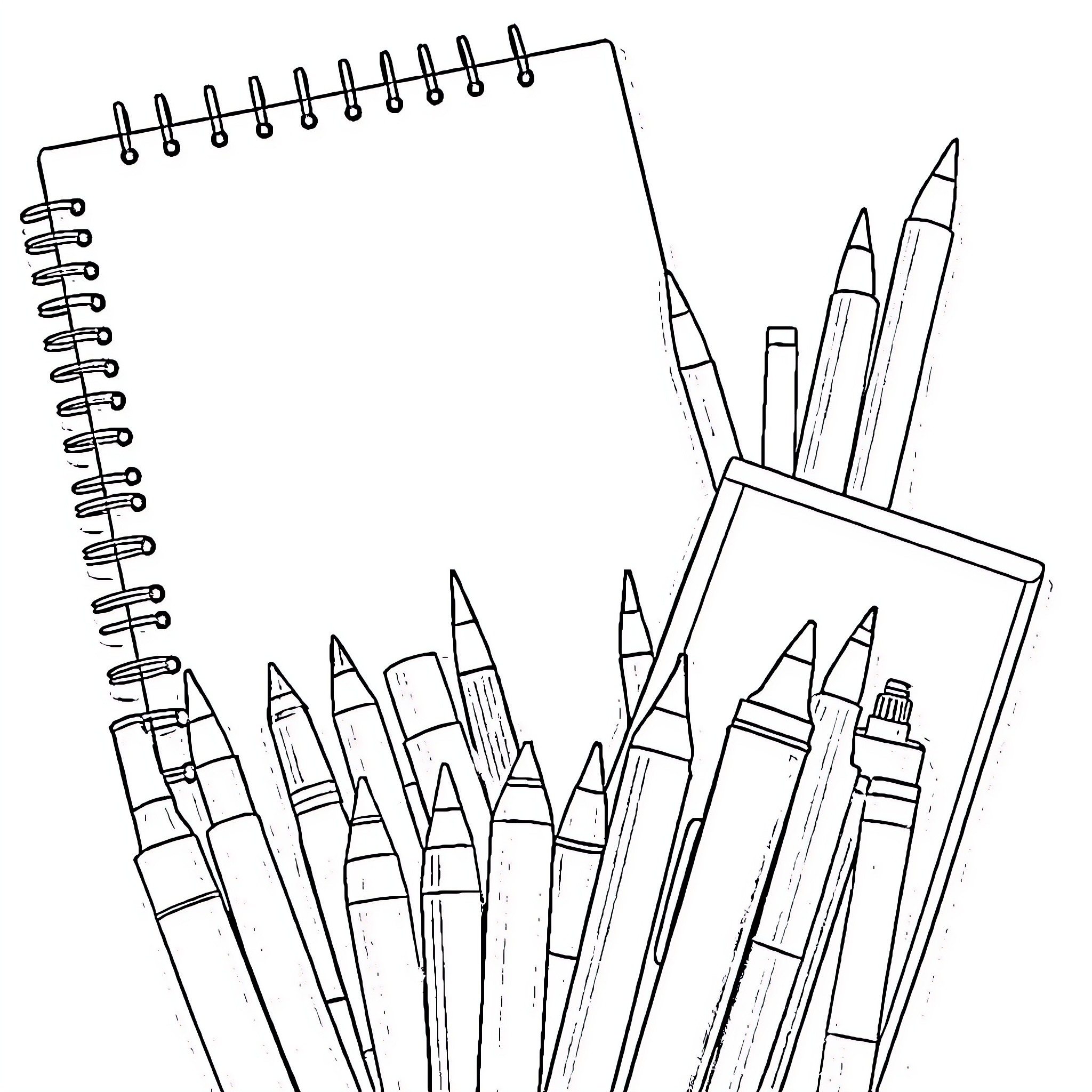 Art Supplies Arranged Creatively Coloring Page (free black-and-white line drawing printable PDF for all, from beginners to advanced learners, including children, teens, adults, and seniors)