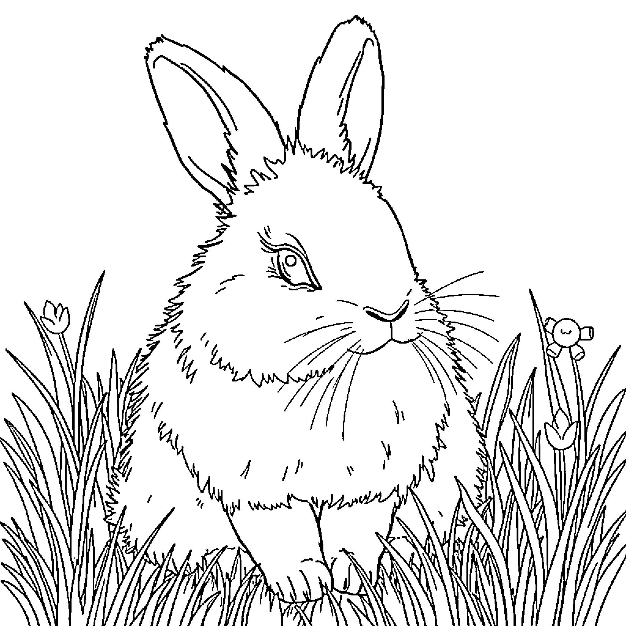 Rabbit hiding in the tall grass Coloring Page (free black-and-white line drawing printable PDF for all, from beginners to advanced learners, including children, teens, adults, and seniors)