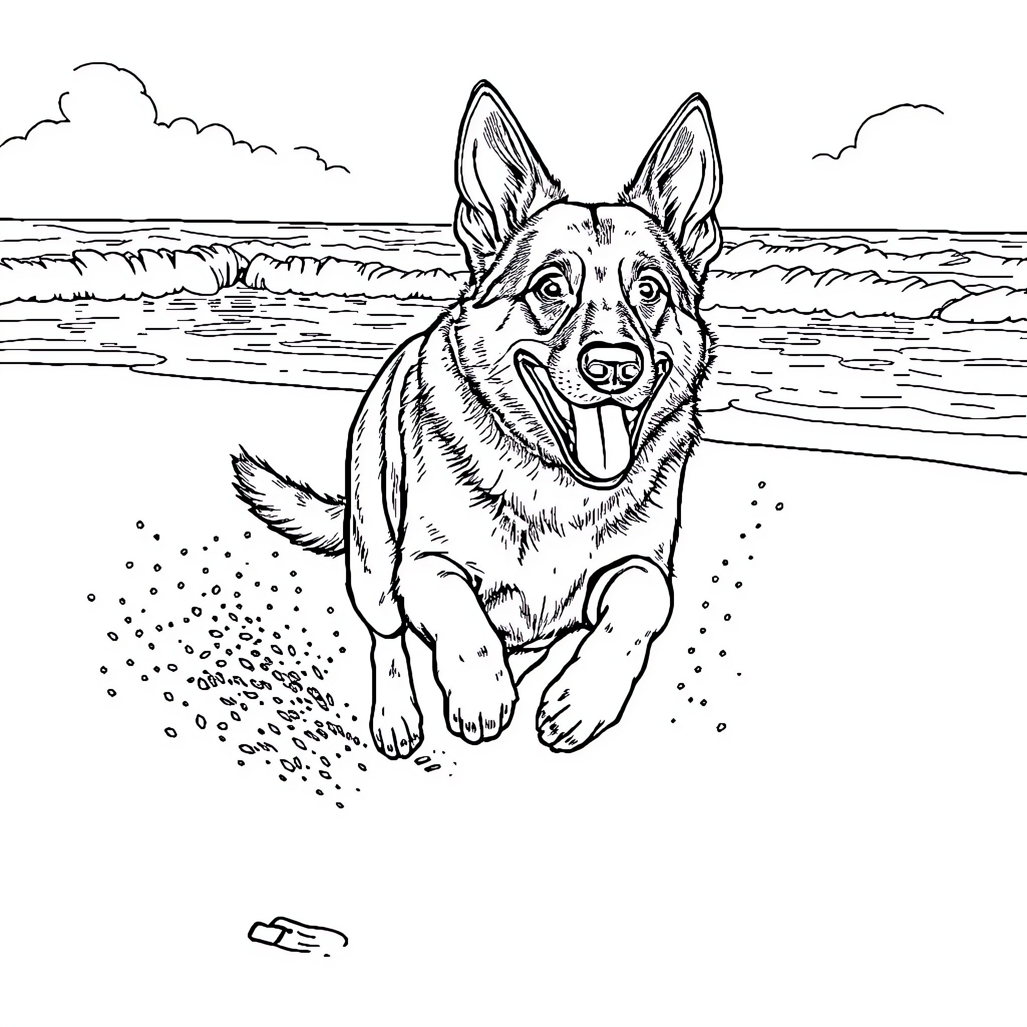 German Shepherd playing joyfully on the beach Coloring Page (free black-and-white line drawing printable PDF for all, from beginners to advanced learners, including children, teens, adults, and seniors)