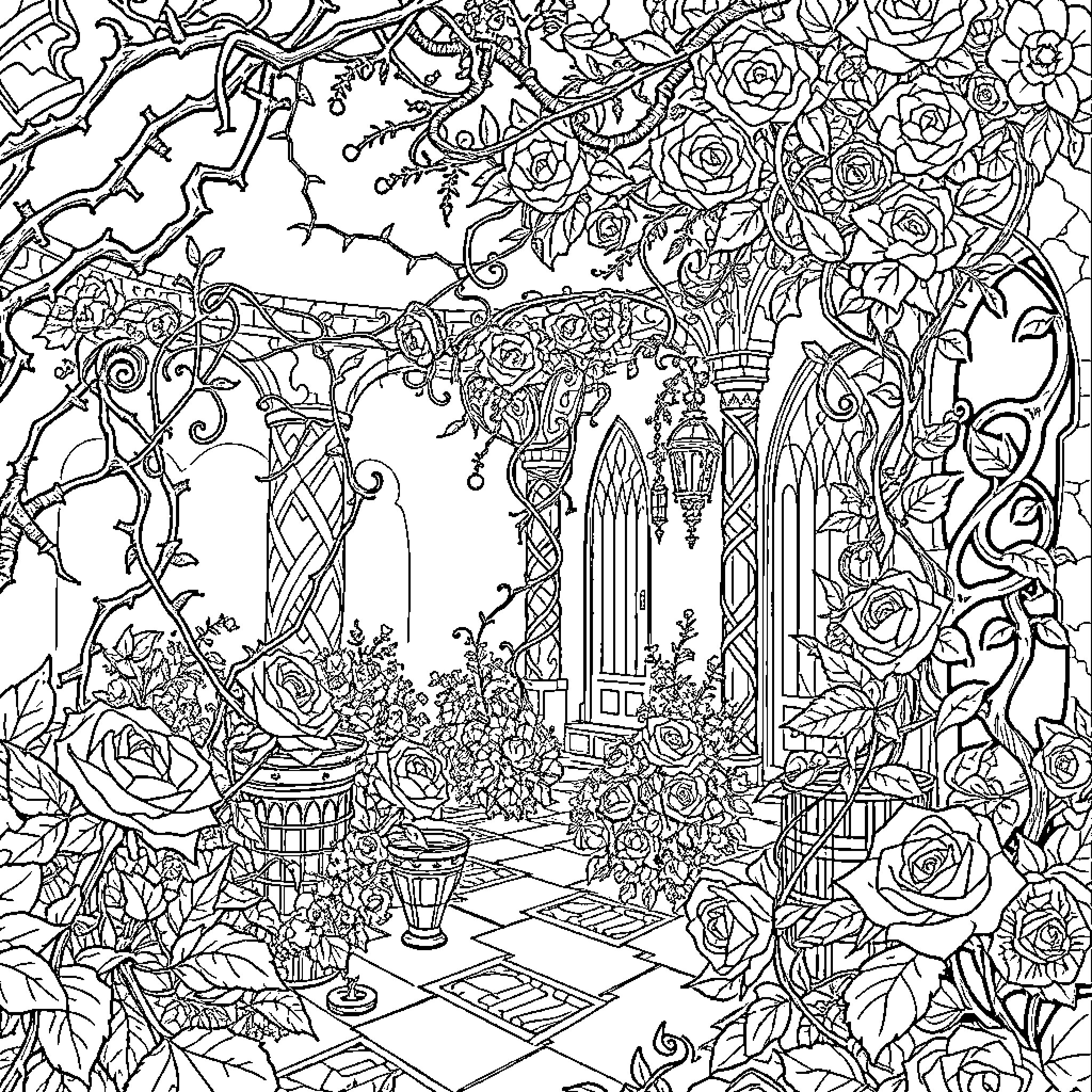 Court of Elegant Florals and Ornate Architecture Coloring Page (free black-and-white line drawing printable PDF for all, from beginners to advanced learners, including children, teens, adults, and seniors)