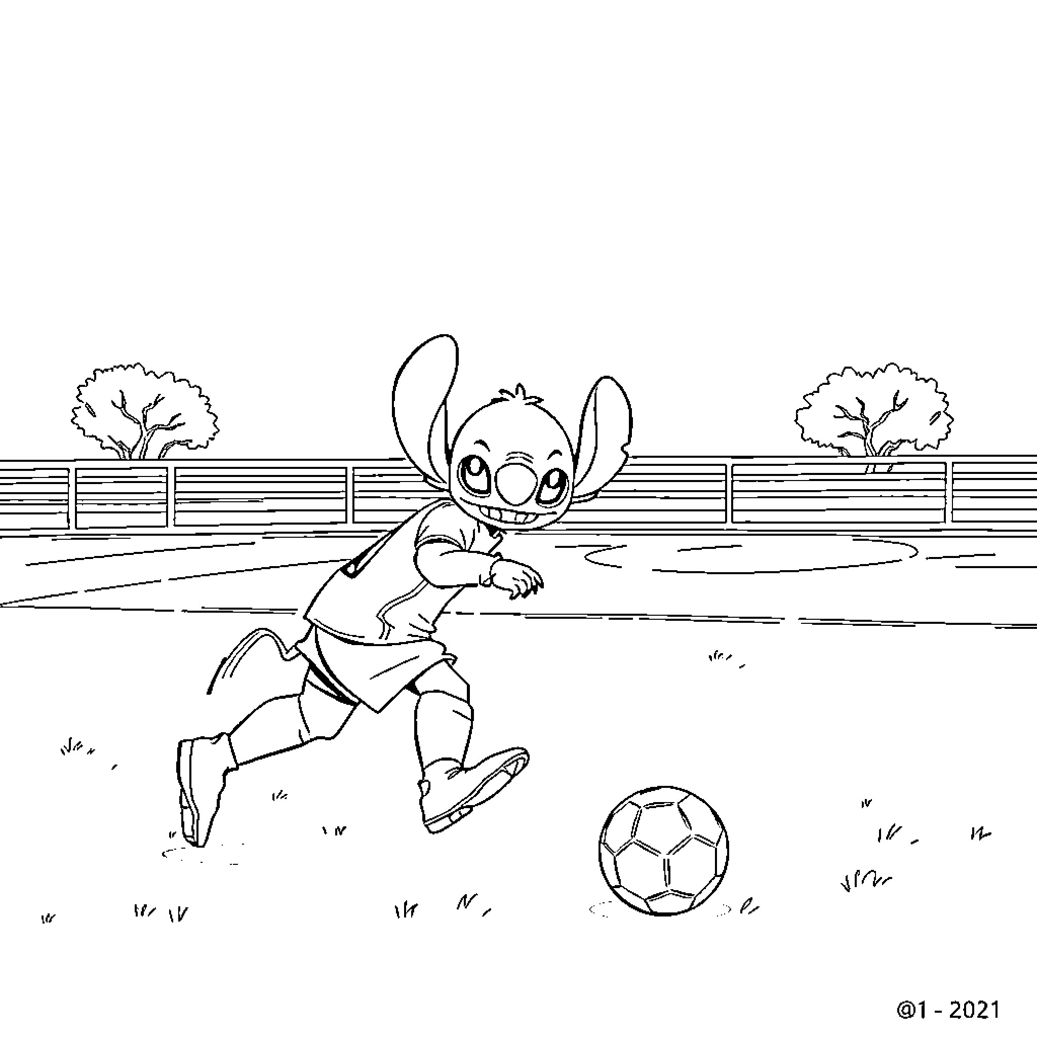 Stitch playing soccer on a sunny day Coloring Page (free black-and-white line drawing printable PDF for all, from beginners to advanced learners, including children, teens, adults, and seniors)