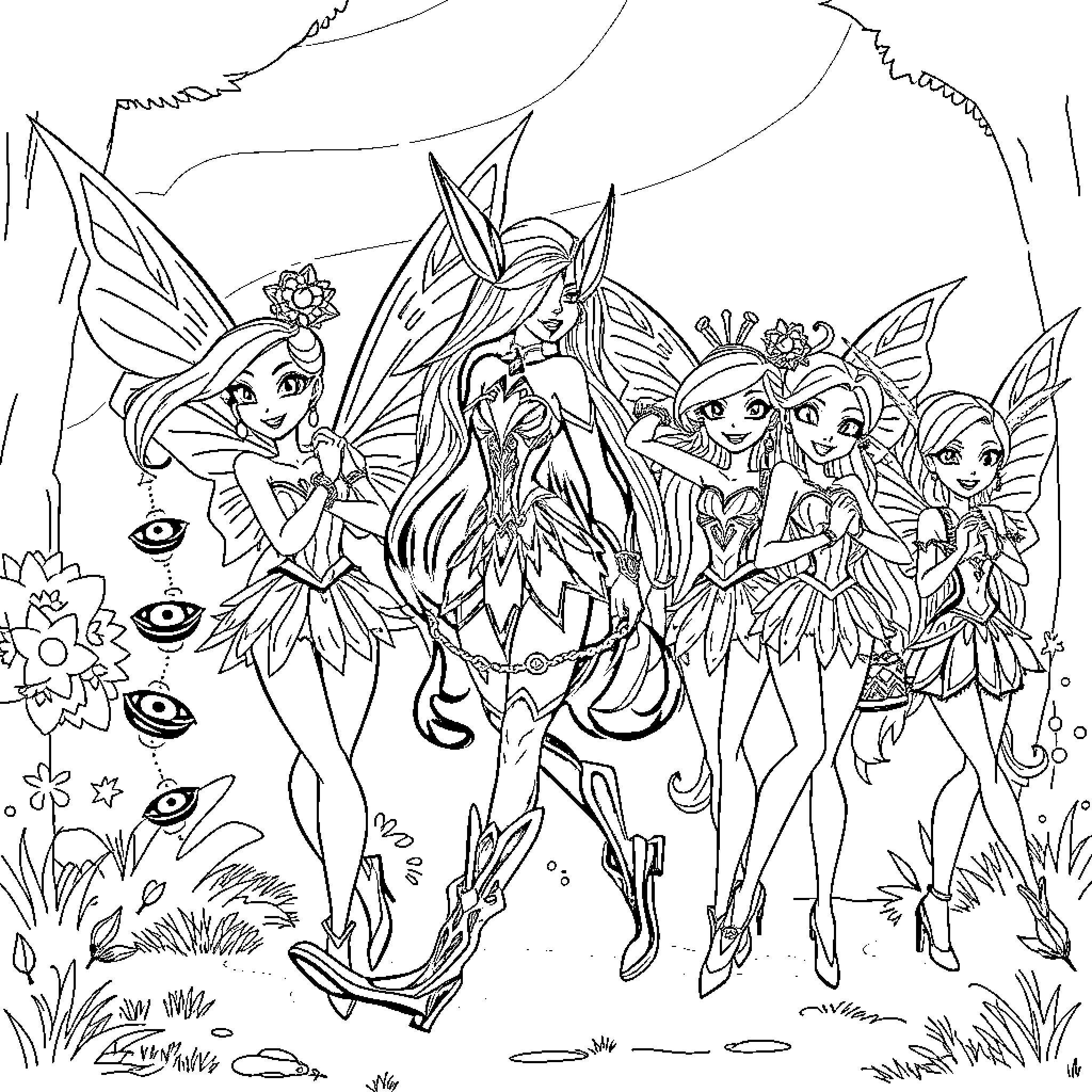 Huntrix Fairies in Whimsical Forest Adventure Coloring Page (free black-and-white line drawing printable PDF for all, from beginners to advanced learners, including children, teens, adults, and seniors)