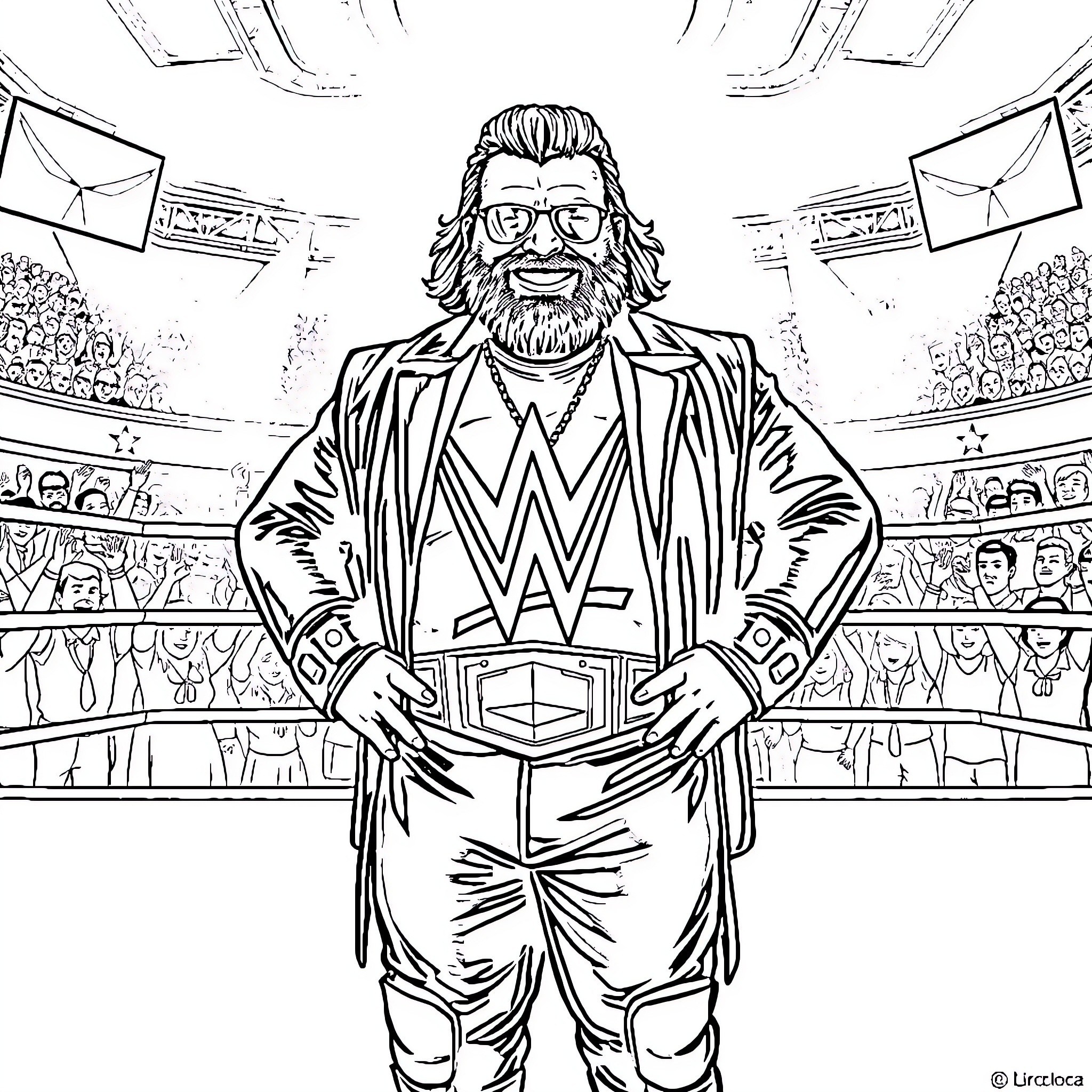 Jack Black as a professional wrestler in a wrestling ring Coloring Page (free black-and-white line drawing printable PDF for all, from beginners to advanced learners, including children, teens, adults, and seniors)
