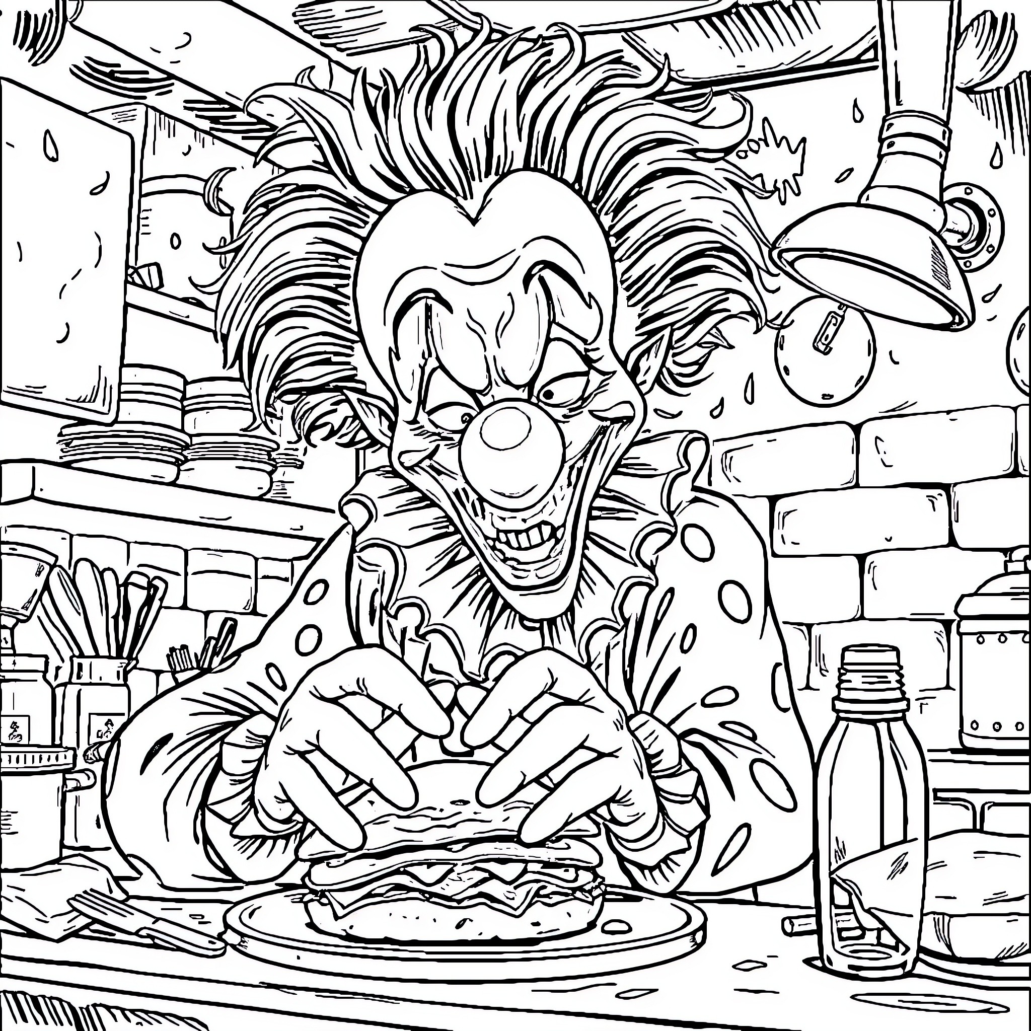 Clown cooking a delicious meal in a chaotic kitchen Coloring Page (free black-and-white line drawing printable PDF for all, from beginners to advanced learners, including children, teens, adults, and seniors)