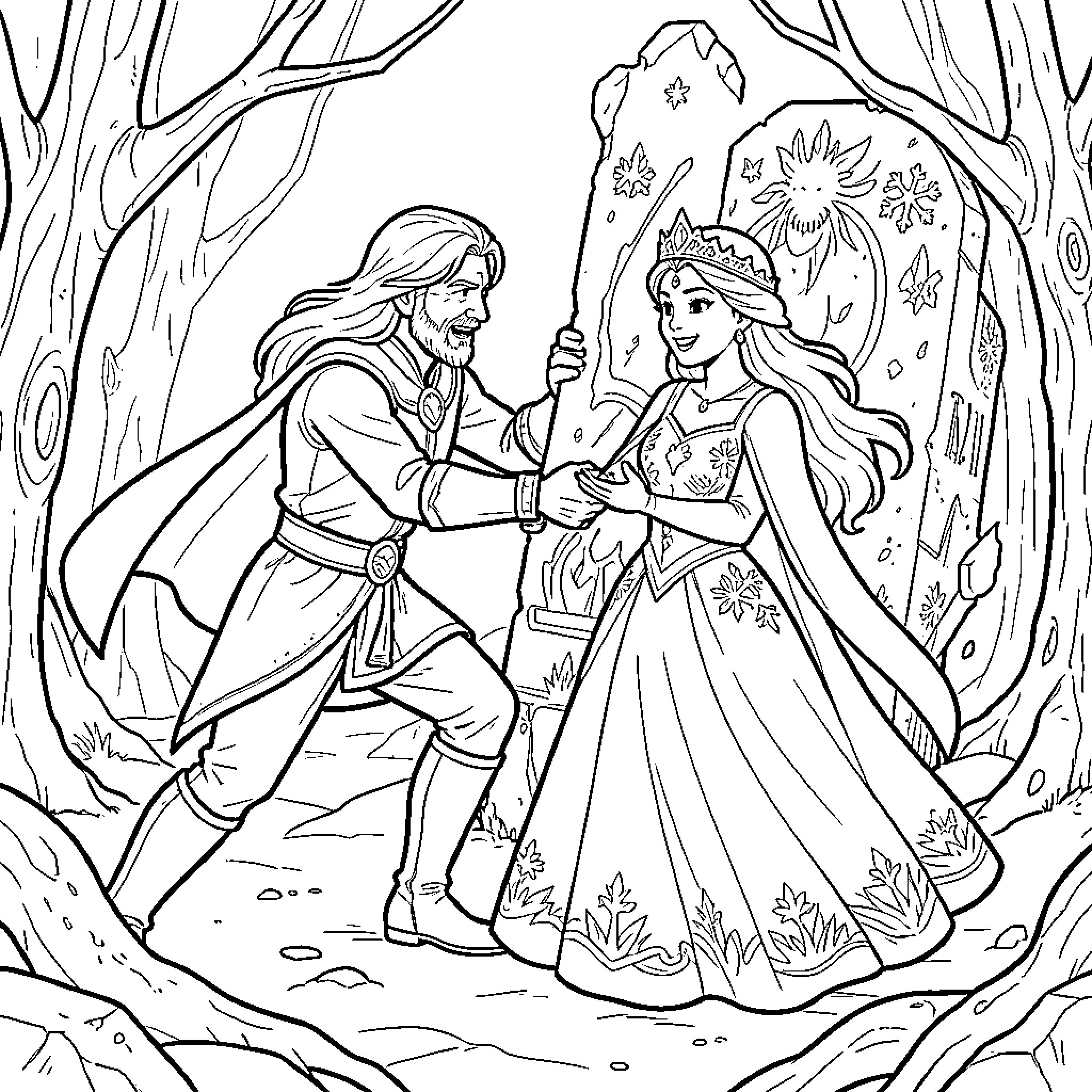 Elsa and a man interacting near a stone monument Coloring Page (free black-and-white line drawing printable PDF for all, from beginners to advanced learners, including children, teens, adults, and seniors)