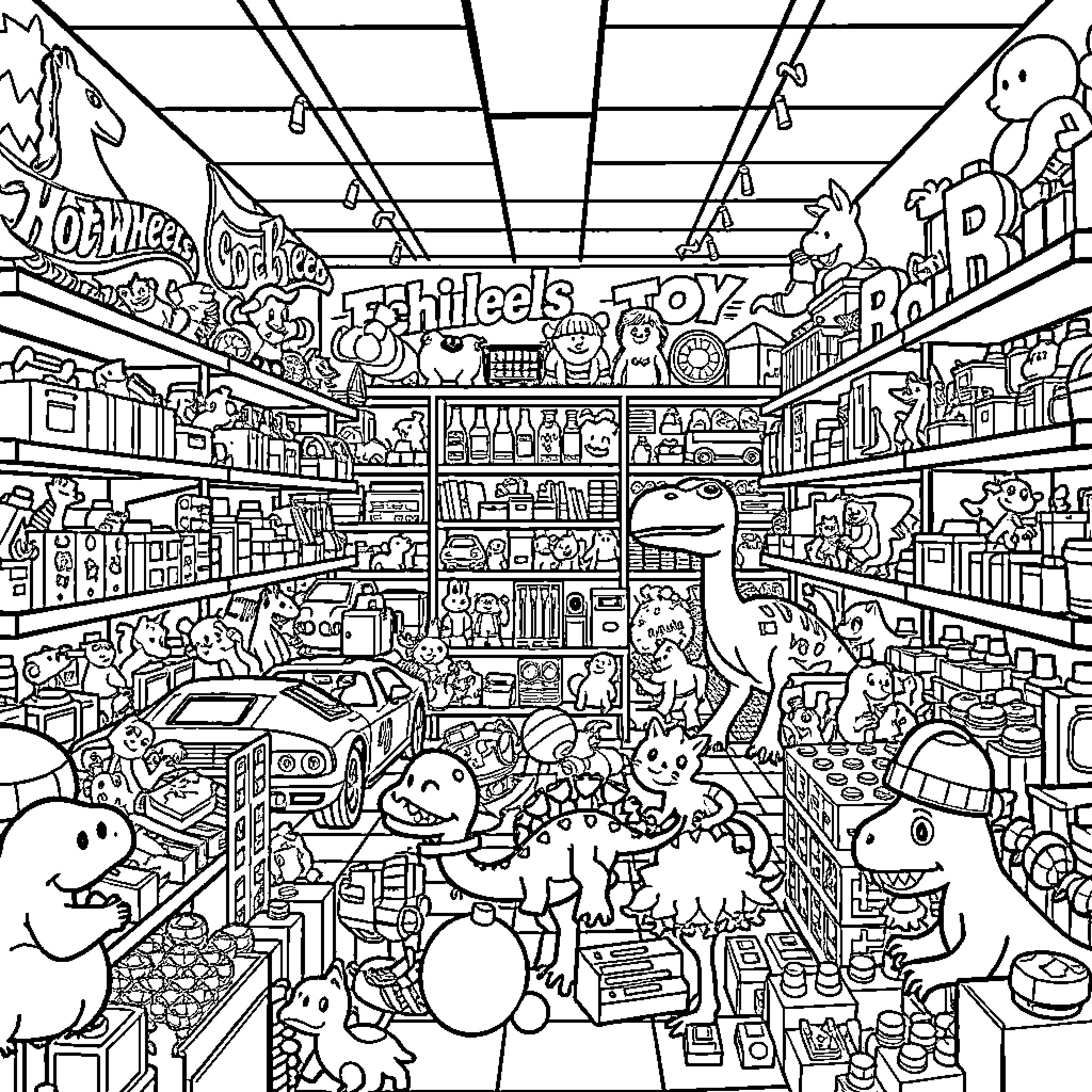 Toy-filled shelves and aisles in a busy store Coloring Page (free black-and-white line drawing printable PDF for all, from beginners to advanced learners, including children, teens, adults, and seniors)