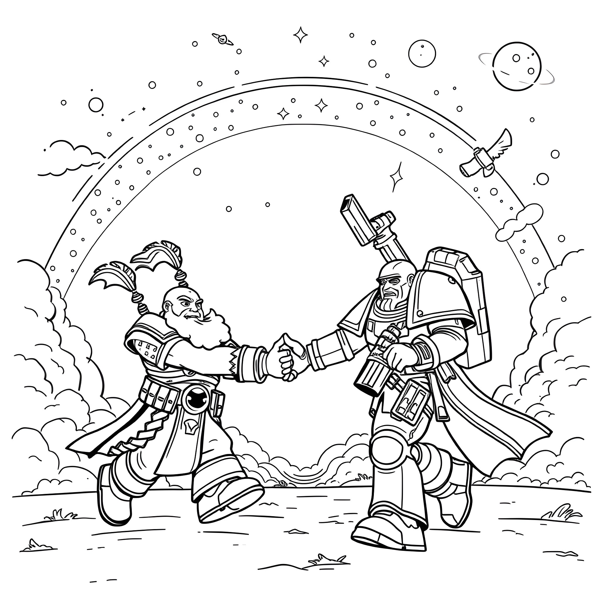 Boss Nob's Galactic Space Battle Coloring Page (free black-and-white line drawing printable PDF for all, from beginners to advanced learners, including children, teens, adults, and seniors)