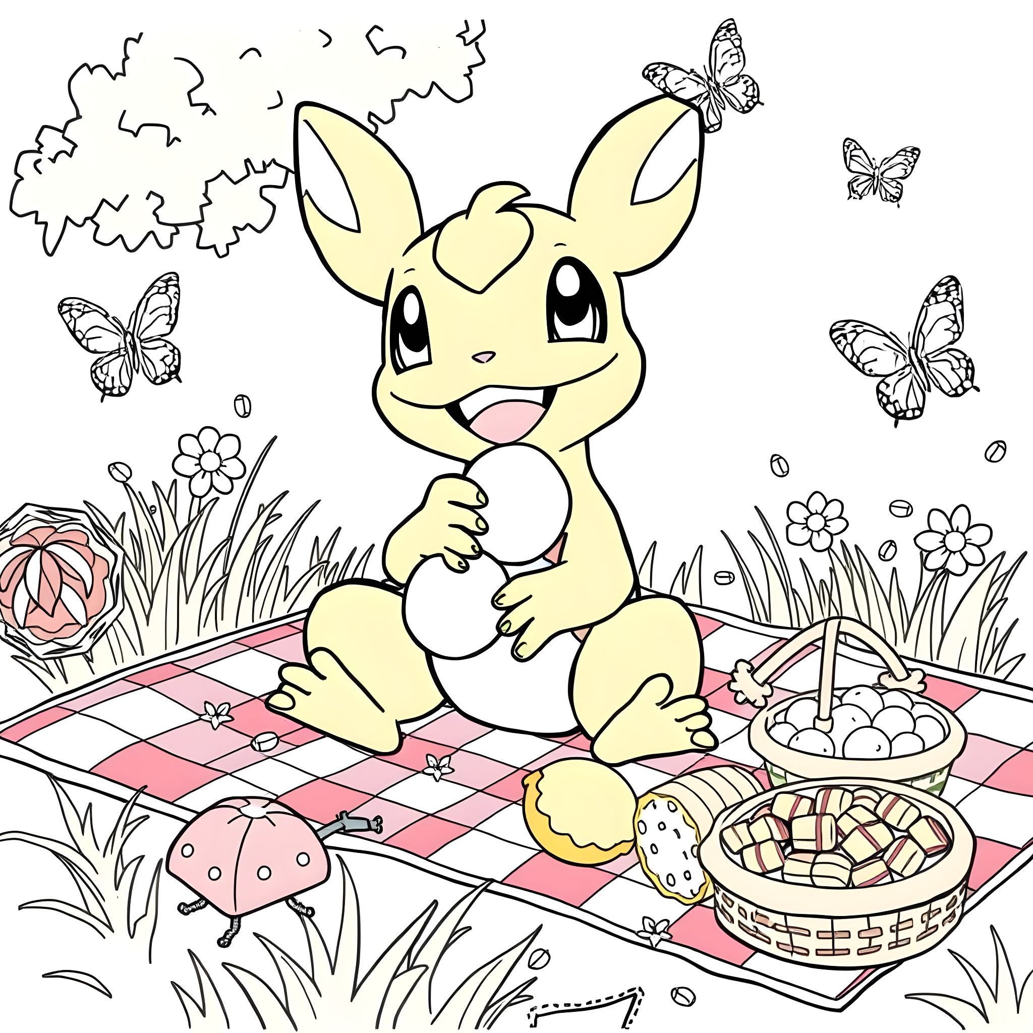 Treecko enjoying a picnic in nature Coloring Page (free black-and-white line drawing printable PDF for all, from beginners to advanced learners, including children, teens, adults, and seniors)