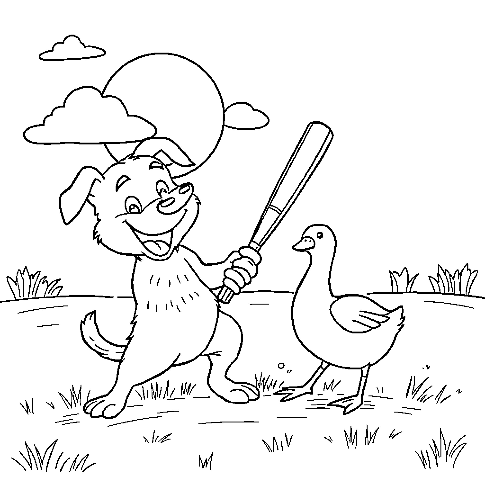 Dog playing happily with duck in the park Coloring Page (free black-and-white line drawing printable PDF for all, from beginners to advanced learners, including children, teens, adults, and seniors)