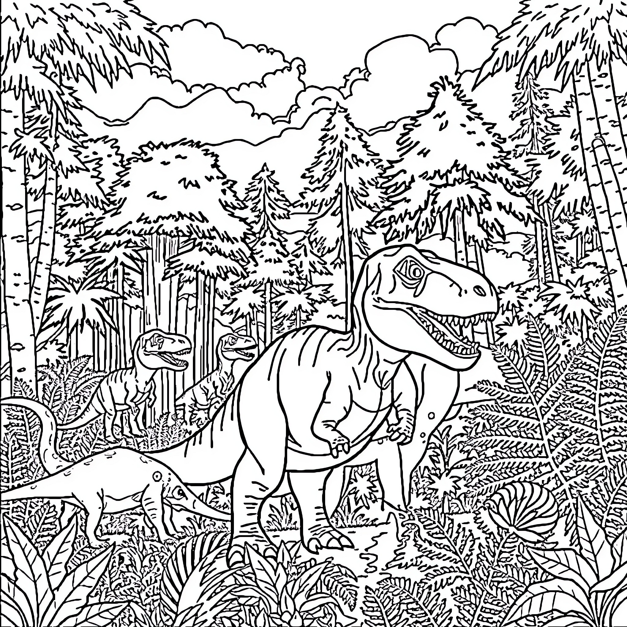 Dinosaurs Roaming Prehistoric Forest Landscape Coloring Page (free black-and-white line drawing printable PDF for all, from beginners to advanced learners, including children, teens, adults, and seniors)