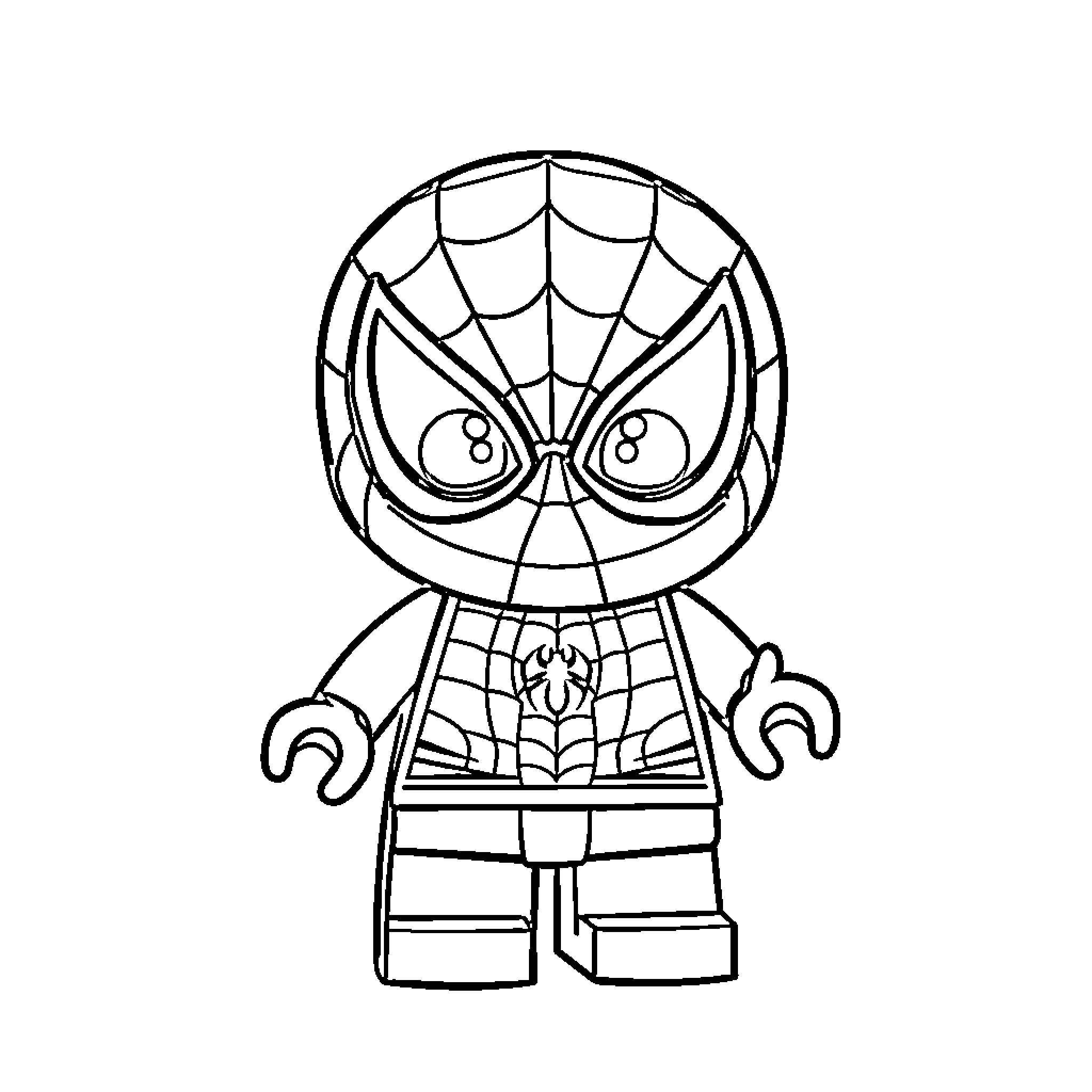 Lego Baby Spiderman in action pose Coloring Page (free black-and-white line drawing printable PDF for all, from beginners to advanced learners, including children, teens, adults, and seniors)
