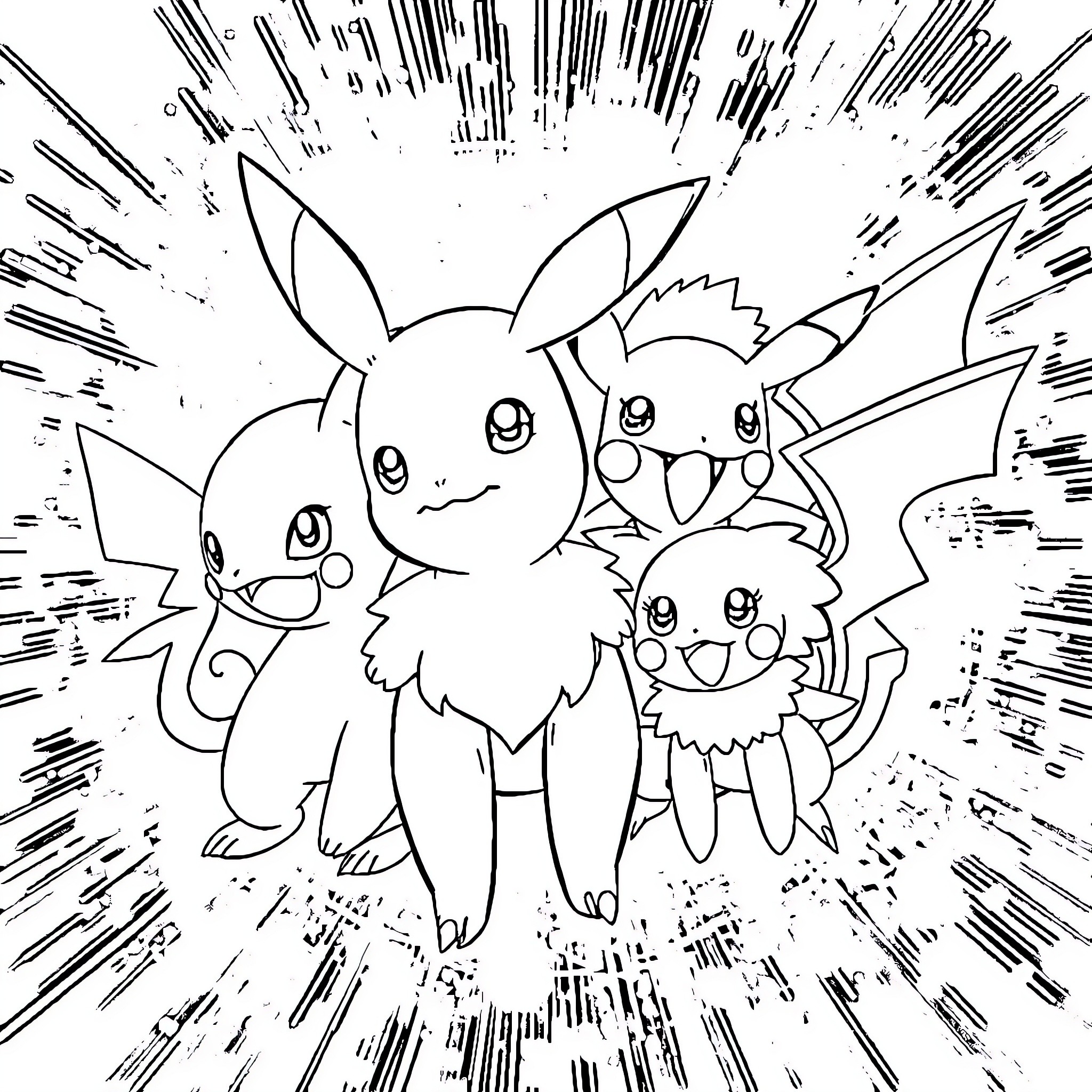 Pokémon friends gathered for an adventure Coloring Page (free black-and-white line drawing printable PDF for all, from beginners to advanced learners, including children, teens, adults, and seniors)