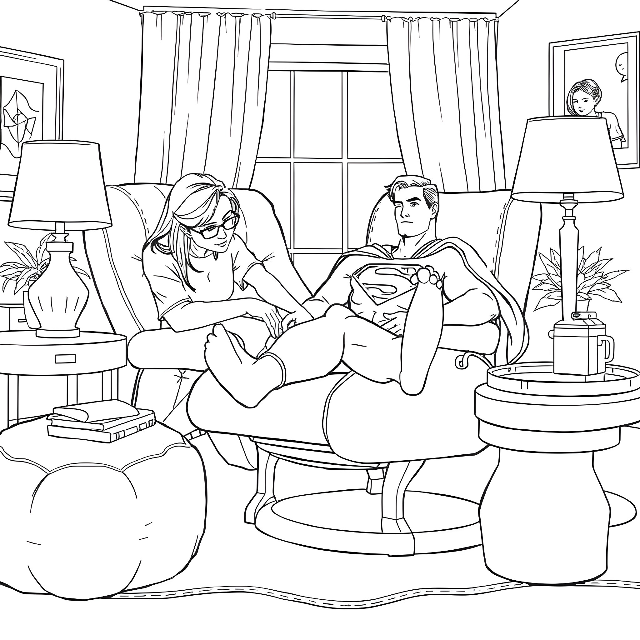 Superman relaxing with his partner in a cozy home setting Coloring Page (free black-and-white line drawing printable PDF for all, from beginners to advanced learners, including children, teens, adults, and seniors)