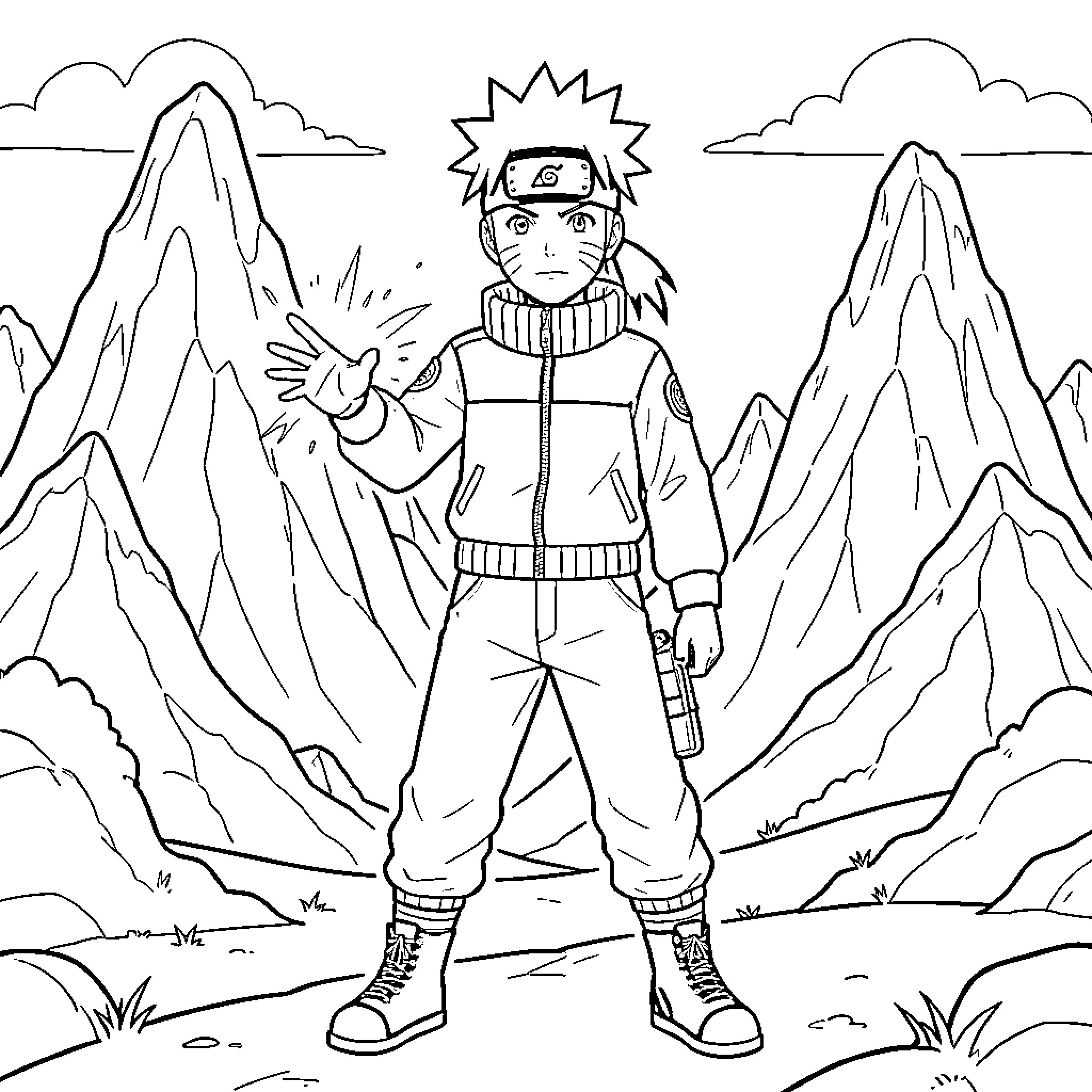 Naruto in Mountain Landscape Coloring Page (free black-and-white line drawing printable PDF for all, from beginners to advanced learners, including children, teens, adults, and seniors)