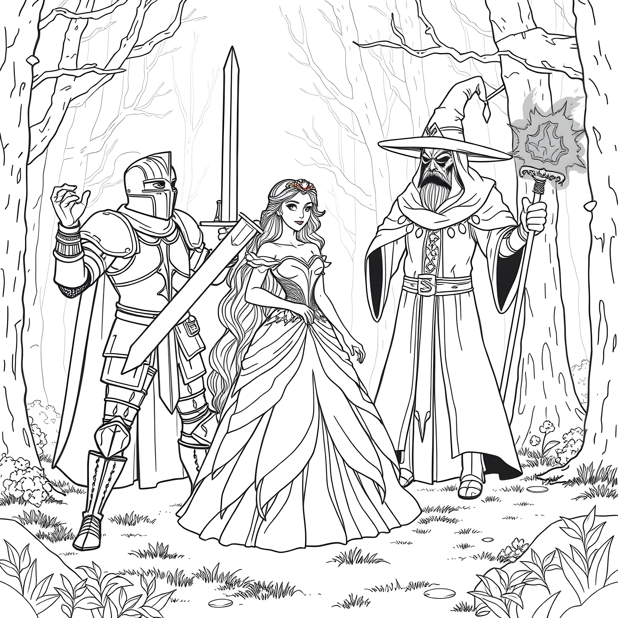 Knight, Princess, and Wizard in Enchanted Forest Coloring Page (free black-and-white line drawing printable PDF for all, from beginners to advanced learners, including children, teens, adults, and seniors)