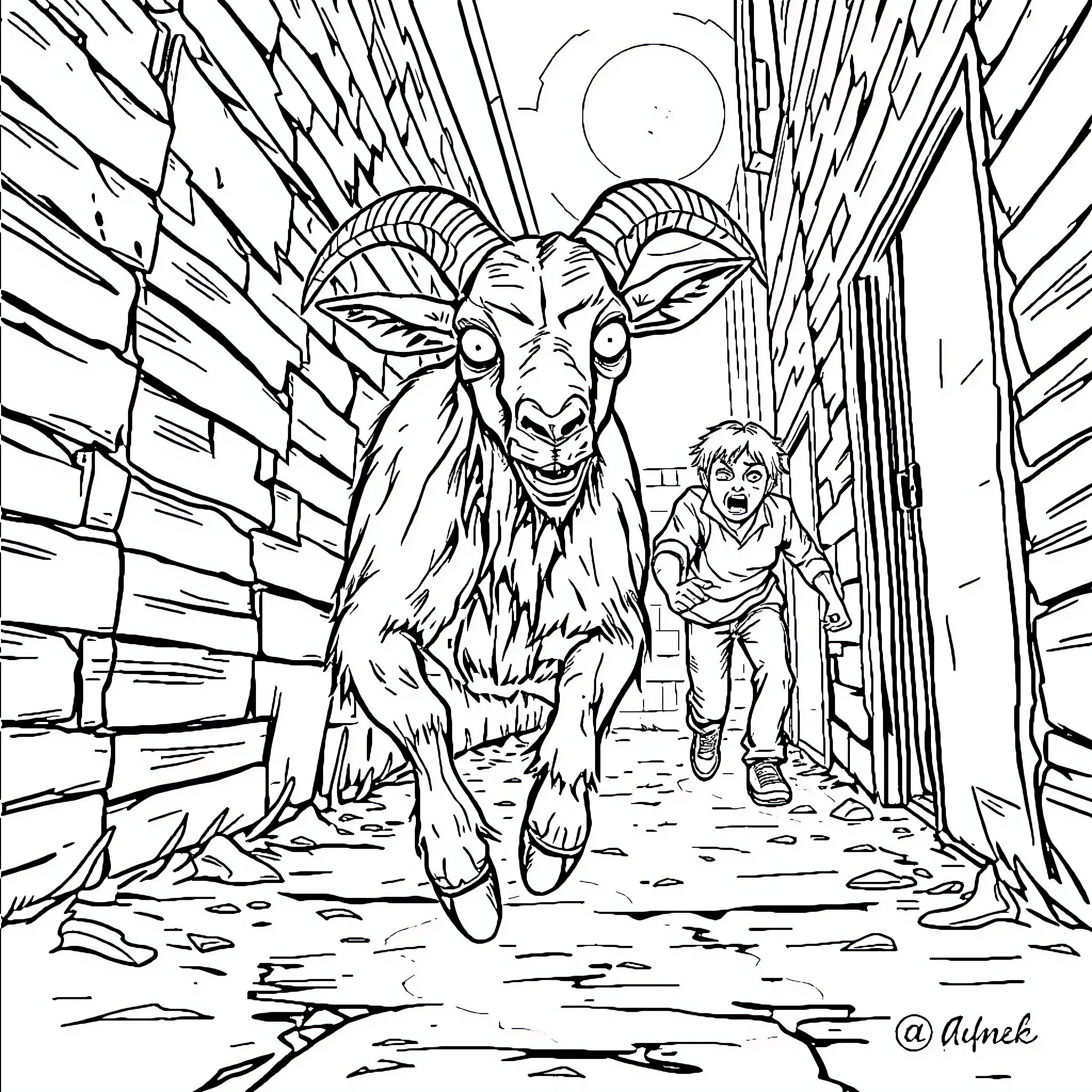 Zombie Goat chases a terrified person down a dark alley Coloring Page (free black-and-white line drawing printable PDF for all, from beginners to advanced learners, including children, teens, adults, and seniors)