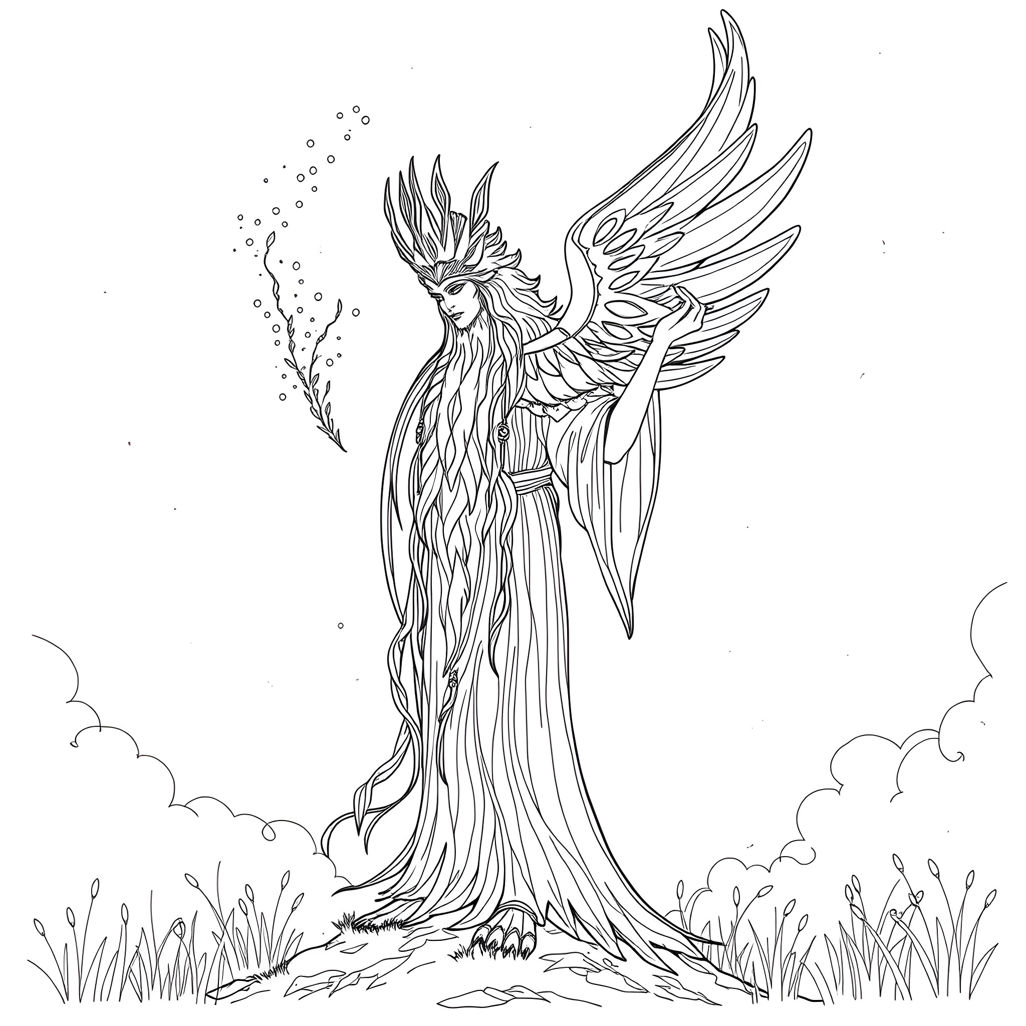 Spirit of Nature in Flight Coloring Page (free black-and-white line drawing printable PDF for all, from beginners to advanced learners, including children, teens, adults, and seniors)