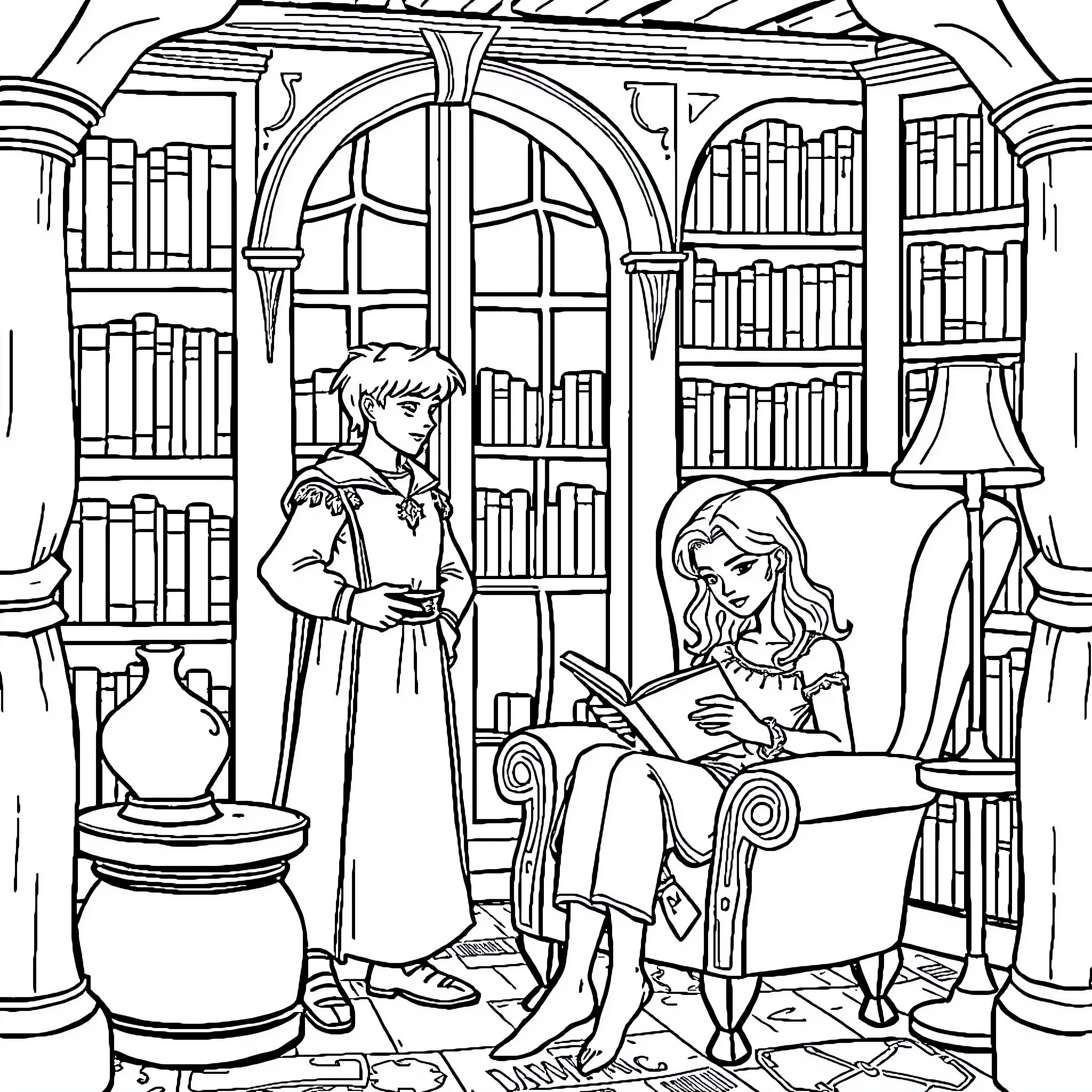 Roland and Belle's Enchanting Library Adventure Coloring Page (free black-and-white line drawing printable PDF for all, from beginners to advanced learners, including children, teens, adults, and seniors)