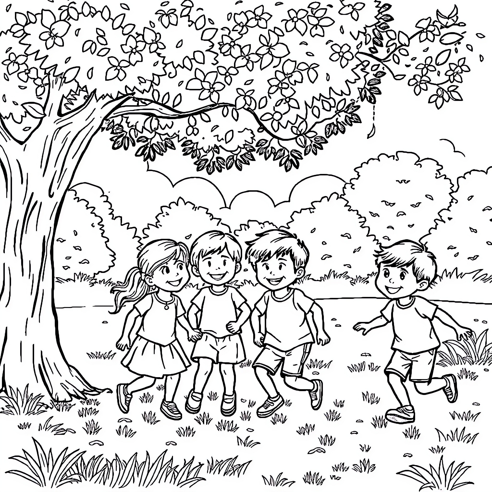 Kid friends enjoying outdoor play in nature Coloring Page (free black-and-white line drawing printable PDF for all, from beginners to advanced learners, including children, teens, adults, and seniors)