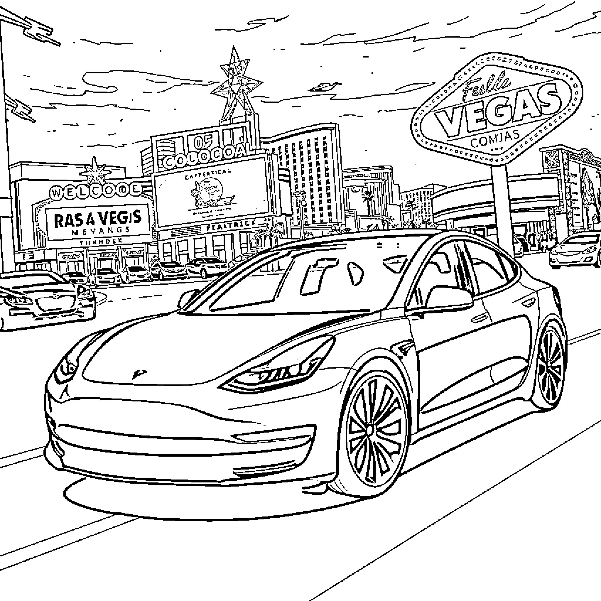 Tesla driving down the streets of Vegas Coloring Page (free black-and-white line drawing printable PDF for all, from beginners to advanced learners, including children, teens, adults, and seniors)