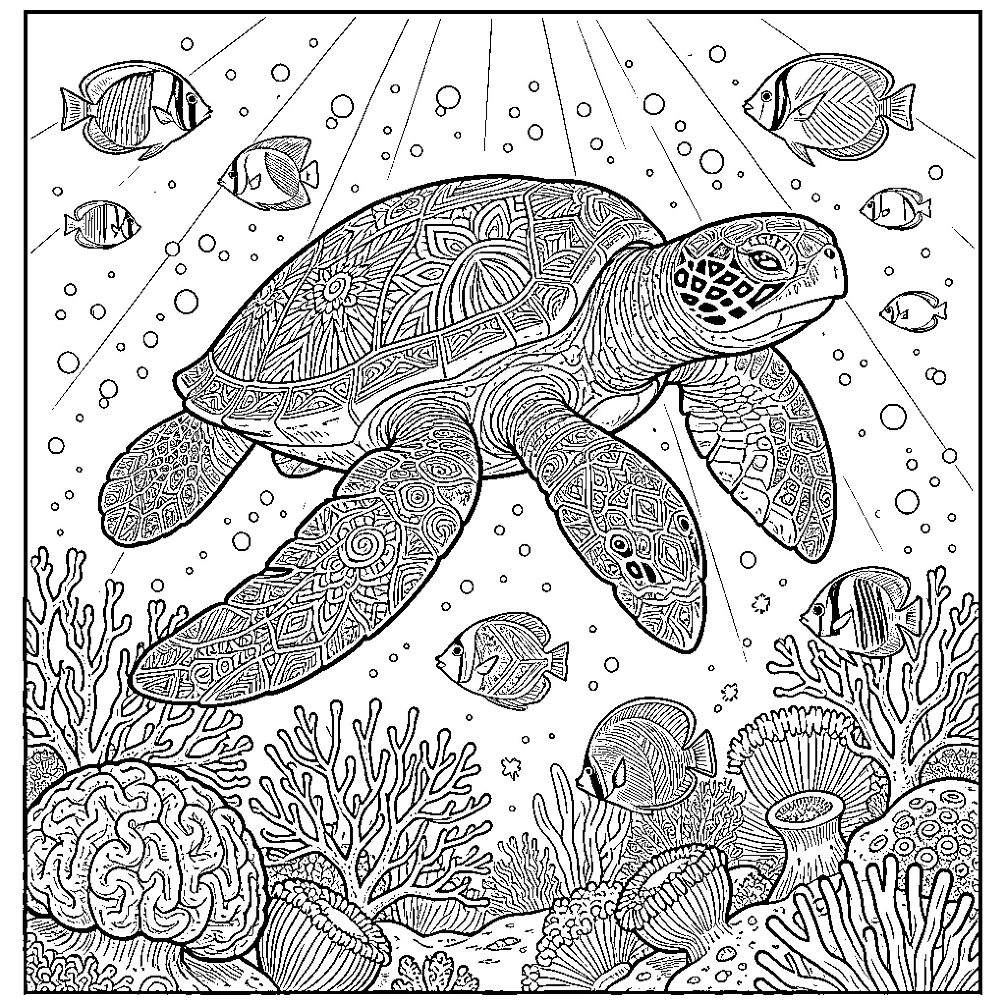Sea Turtle swimming through a vibrant coral reef Coloring Page (free black-and-white line drawing printable PDF for all, from beginners to advanced learners, including children, teens, adults, and seniors)
