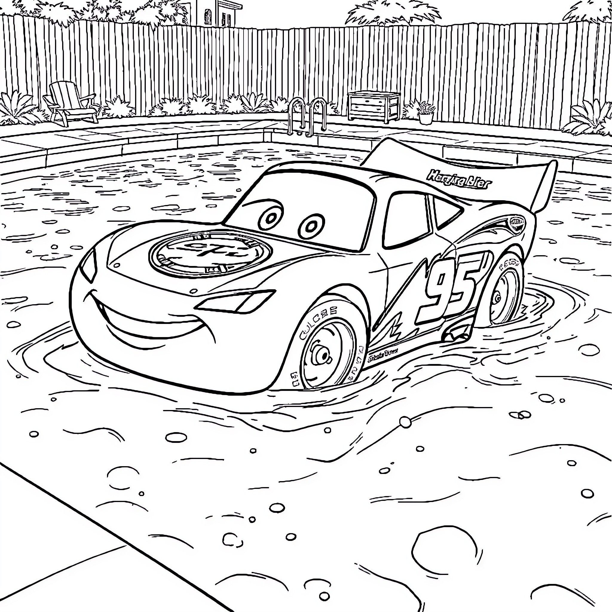 Lightning McQueen enjoying a swim in the pool Coloring Page (free black-and-white line drawing printable PDF for all, from beginners to advanced learners, including children, teens, adults, and seniors)