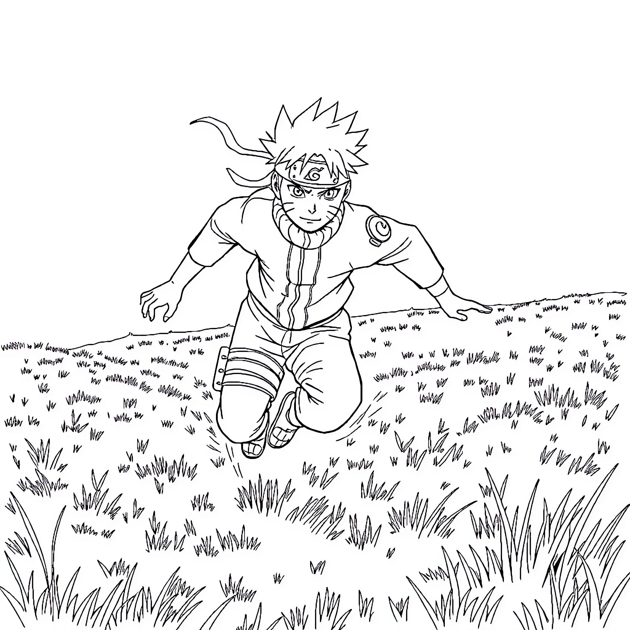 Naruto jumping through a grassy field Coloring Page (free black-and-white line drawing printable PDF for all, from beginners to advanced learners, including children, teens, adults, and seniors)