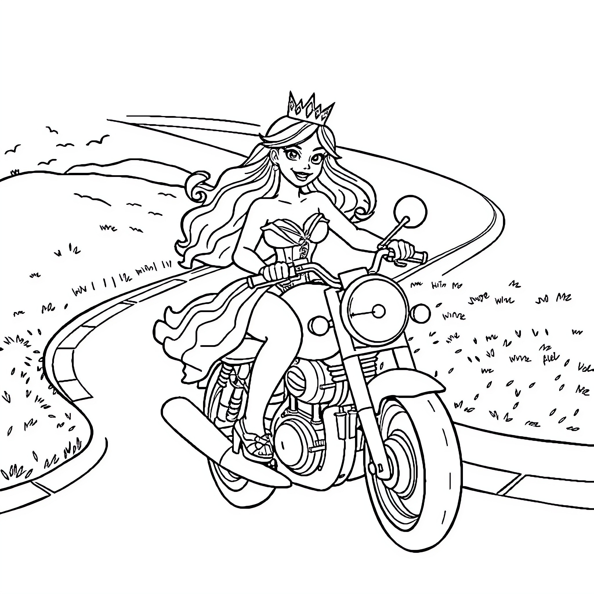 Princess riding a motorcycle on the open road Coloring Page (free black-and-white line drawing printable PDF for all, from beginners to advanced learners, including children, teens, adults, and seniors)