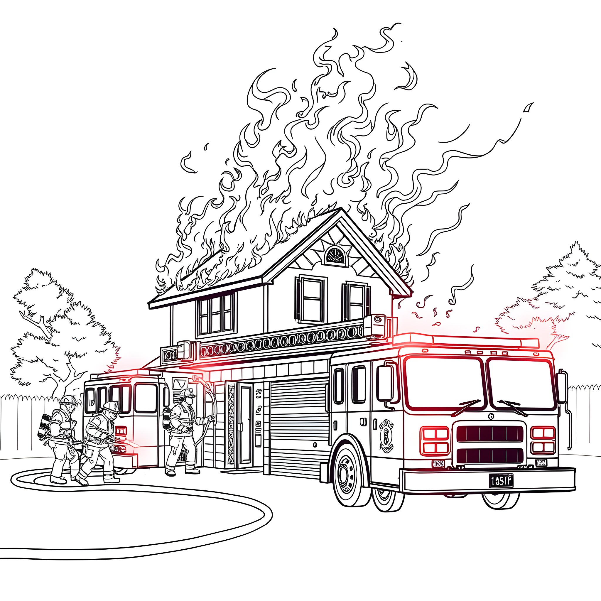 House on fire with firefighters responding Coloring Page (free black-and-white line drawing printable PDF for all, from beginners to advanced learners, including children, teens, adults, and seniors)