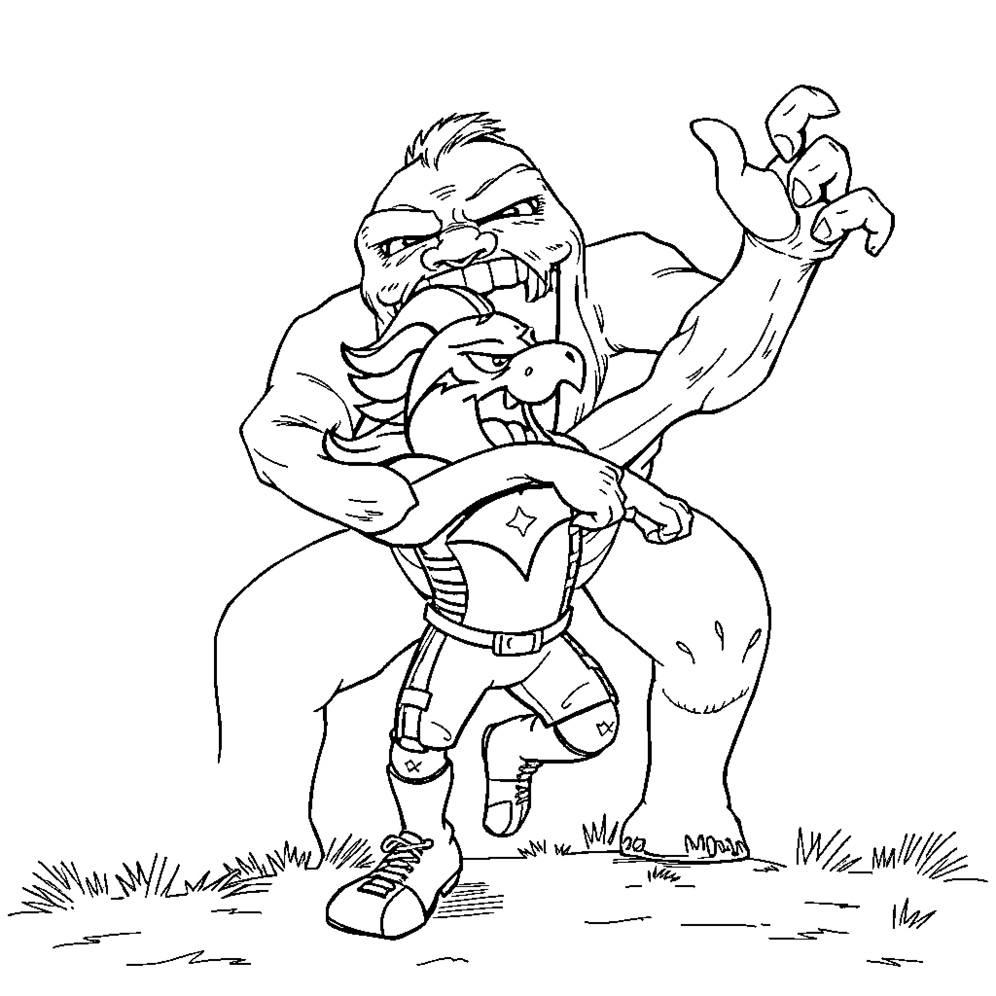 Bronco Wrestler Tumbling on the Grass Coloring Page (free black-and-white line drawing printable PDF for all, from beginners to advanced learners, including children, teens, adults, and seniors)