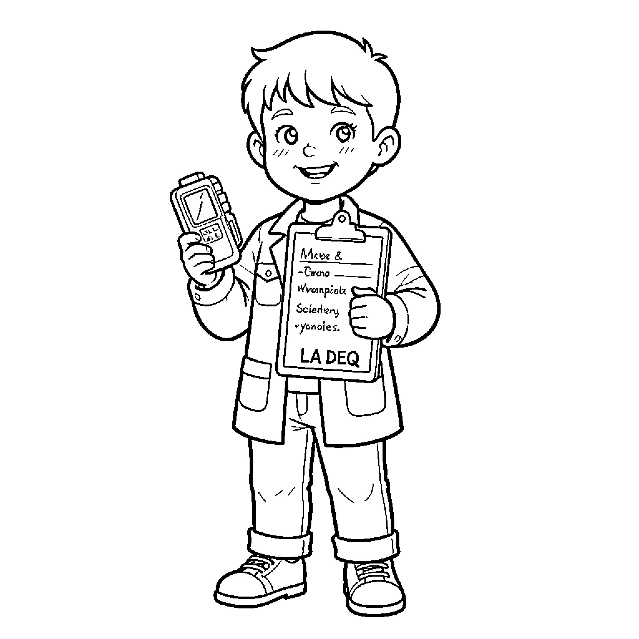 Child in Scientist Outfit Holding Experiment Equipment Coloring Page (free black-and-white line drawing printable PDF for all, from beginners to advanced learners, including children, teens, adults, and seniors)