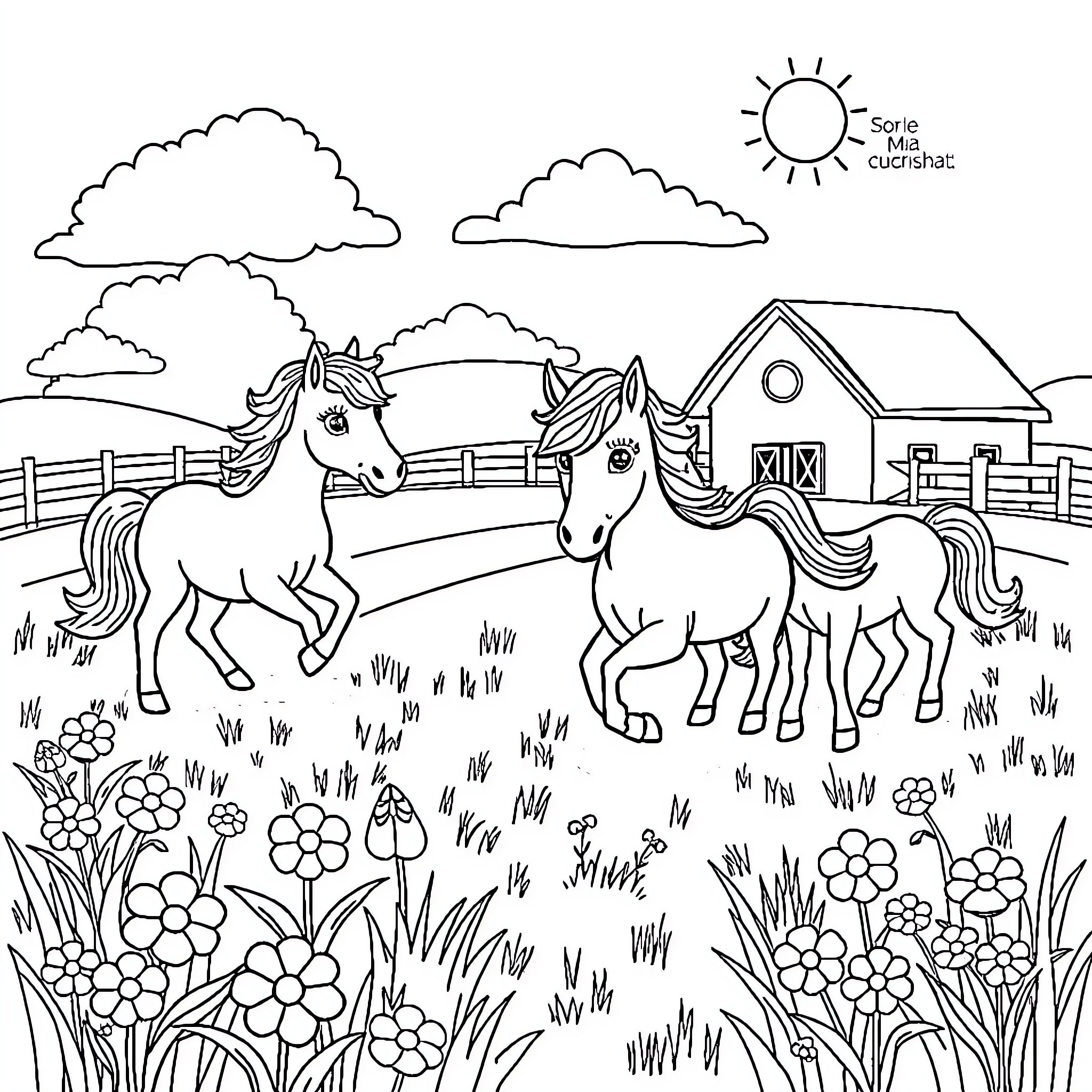Horse Pair in Pastoral Farm Scene Coloring Page (free black-and-white line drawing printable PDF for all, from beginners to advanced learners, including children, teens, adults, and seniors)