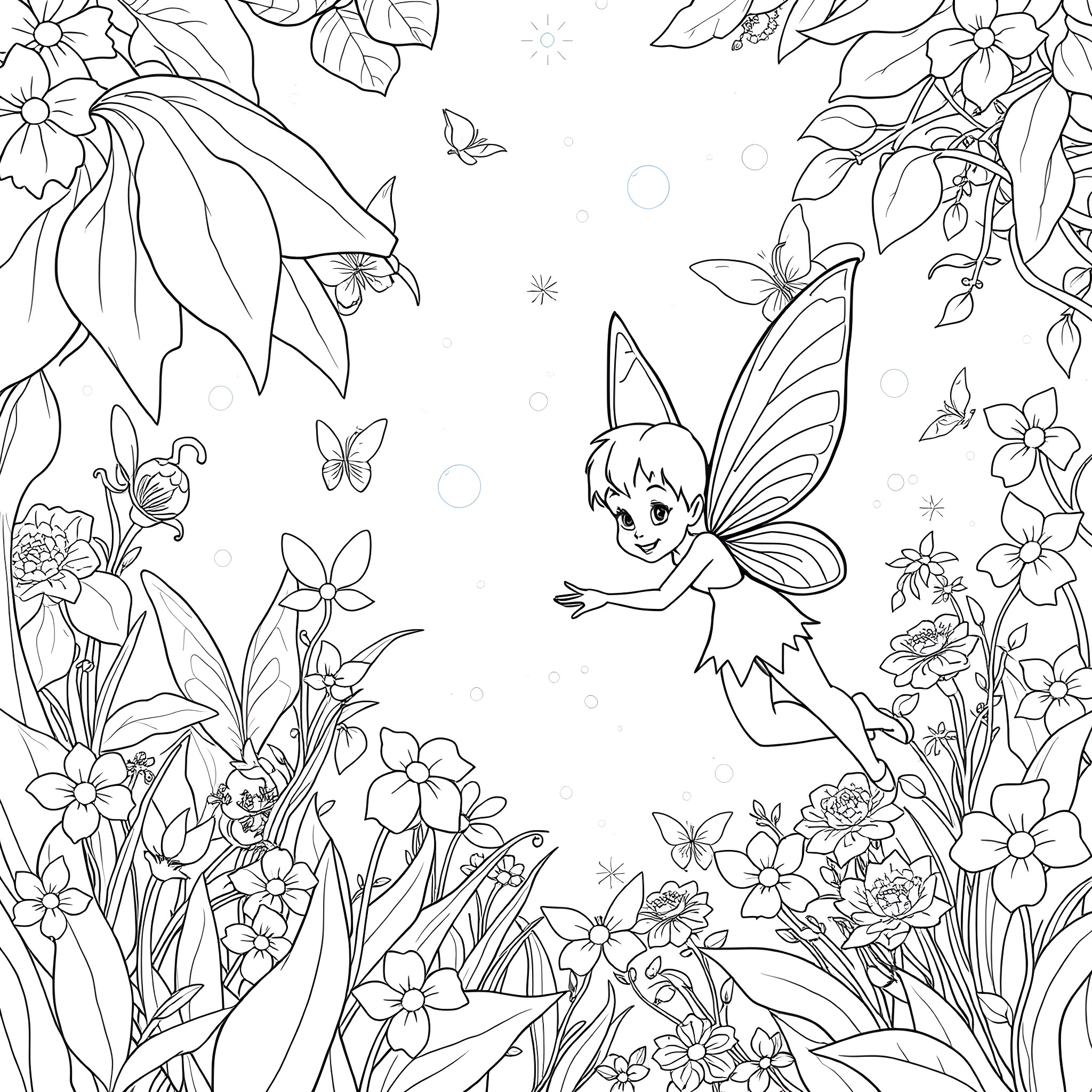 Tinkerbell dancing joyfully in a magical floral garden Coloring Page (free black-and-white line drawing printable PDF for all, from beginners to advanced learners, including children, teens, adults, and seniors)