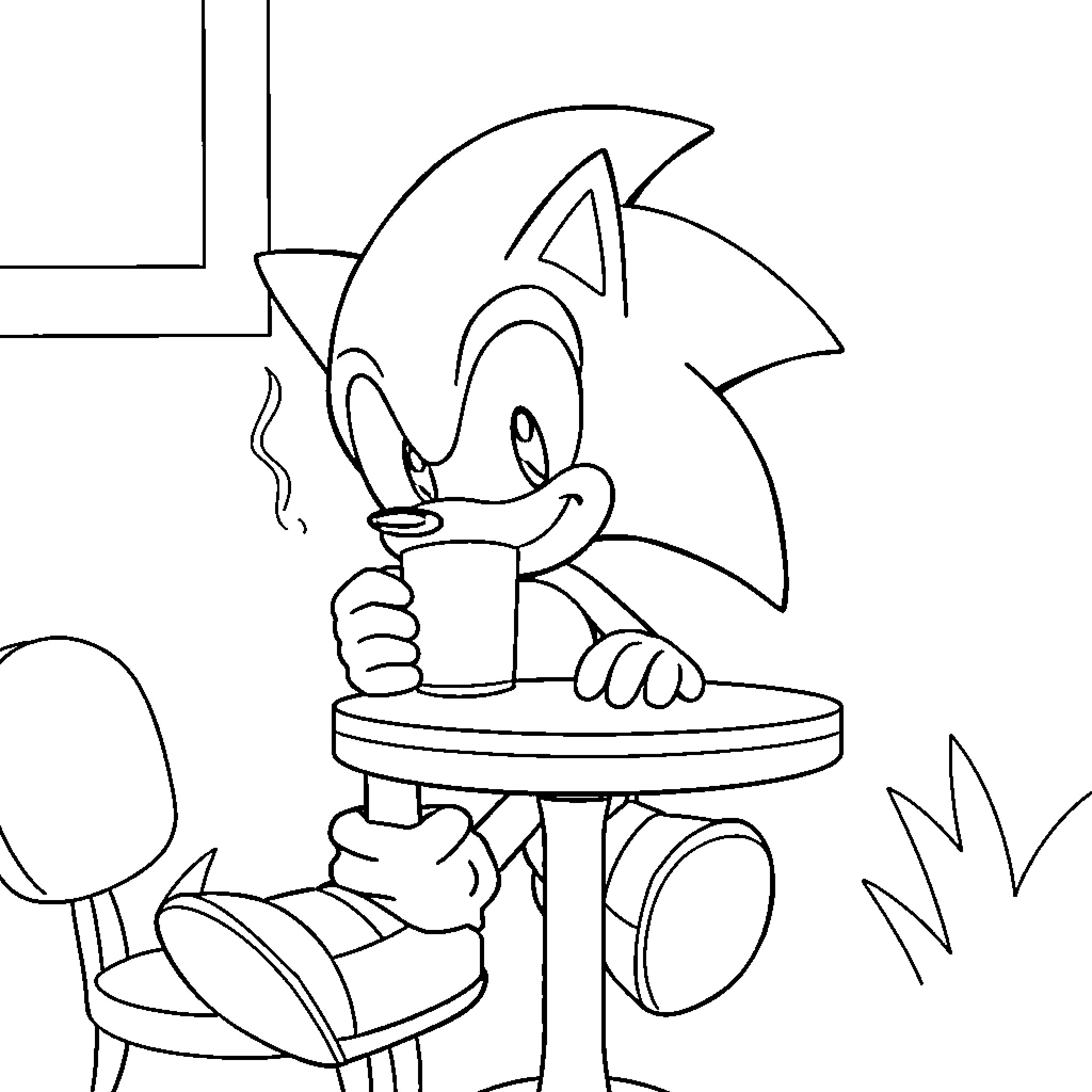Sonic enjoying a beverage in a casual setting Coloring Page (free black-and-white line drawing printable PDF for all, from beginners to advanced learners, including children, teens, adults, and seniors)
