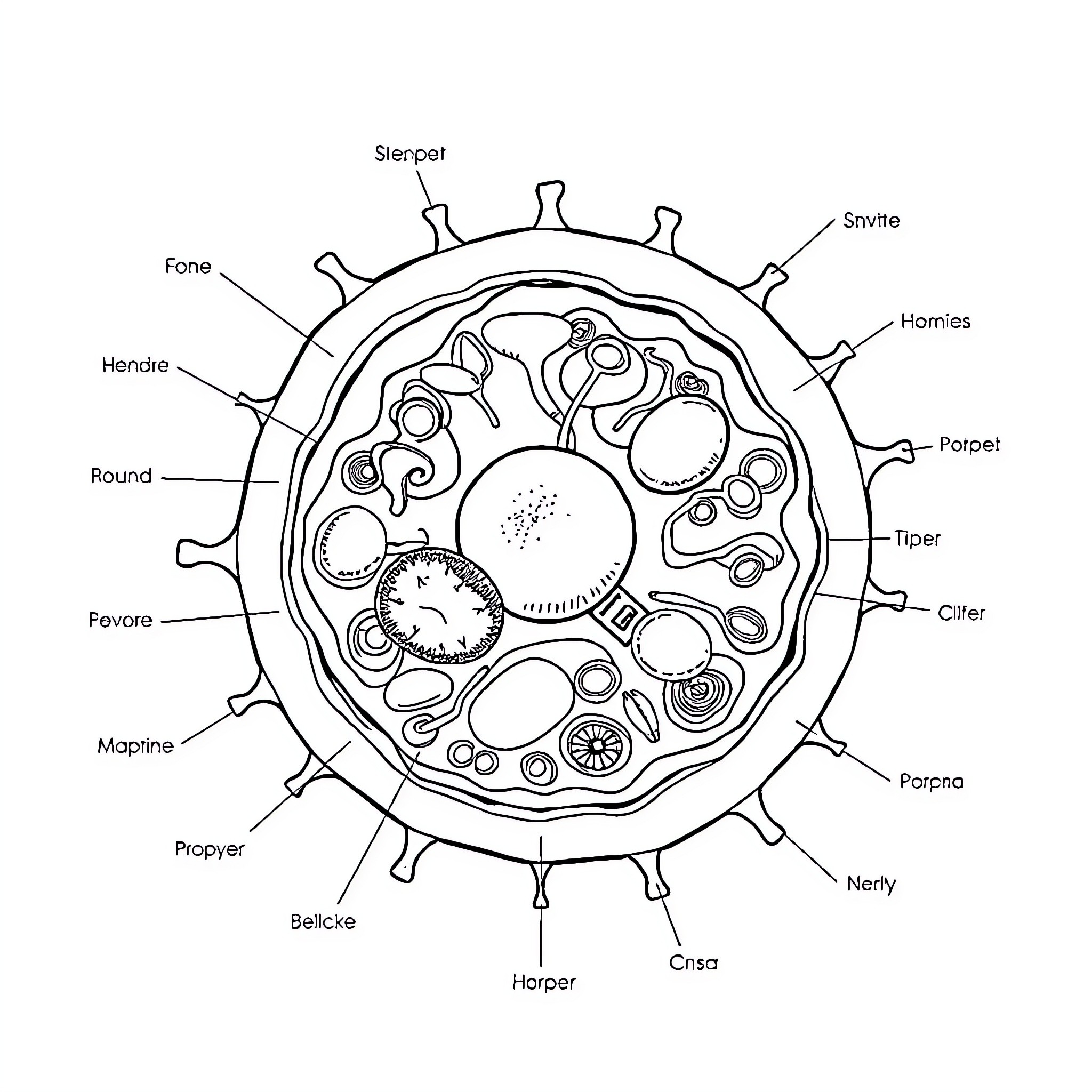 Cell Diagram with Anatomical Structures Coloring Page (free black-and-white line drawing printable PDF for all, from beginners to advanced learners, including children, teens, adults, and seniors)
