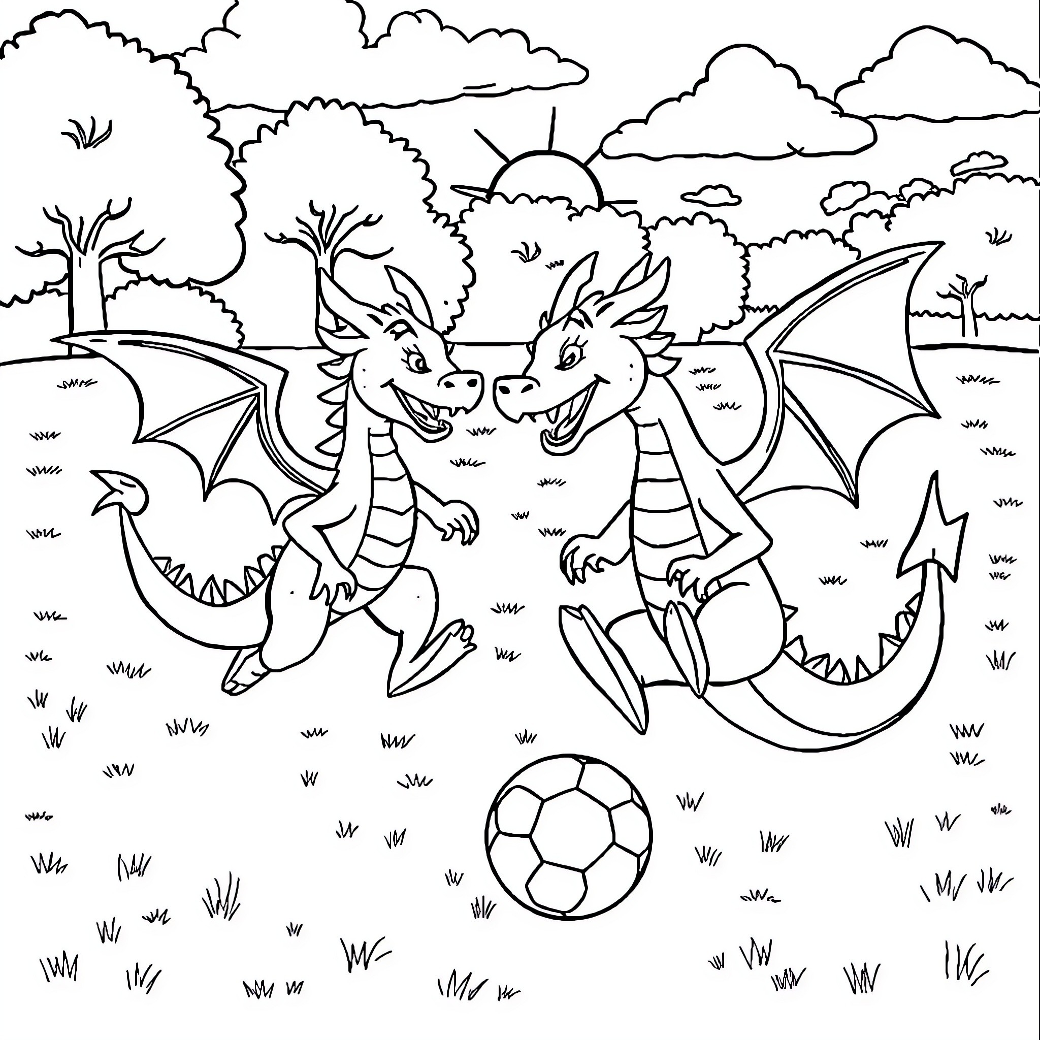 Dragon companions playing with a soccer ball outdoors Coloring Page (free black-and-white line drawing printable PDF for all, from beginners to advanced learners, including children, teens, adults, and seniors)