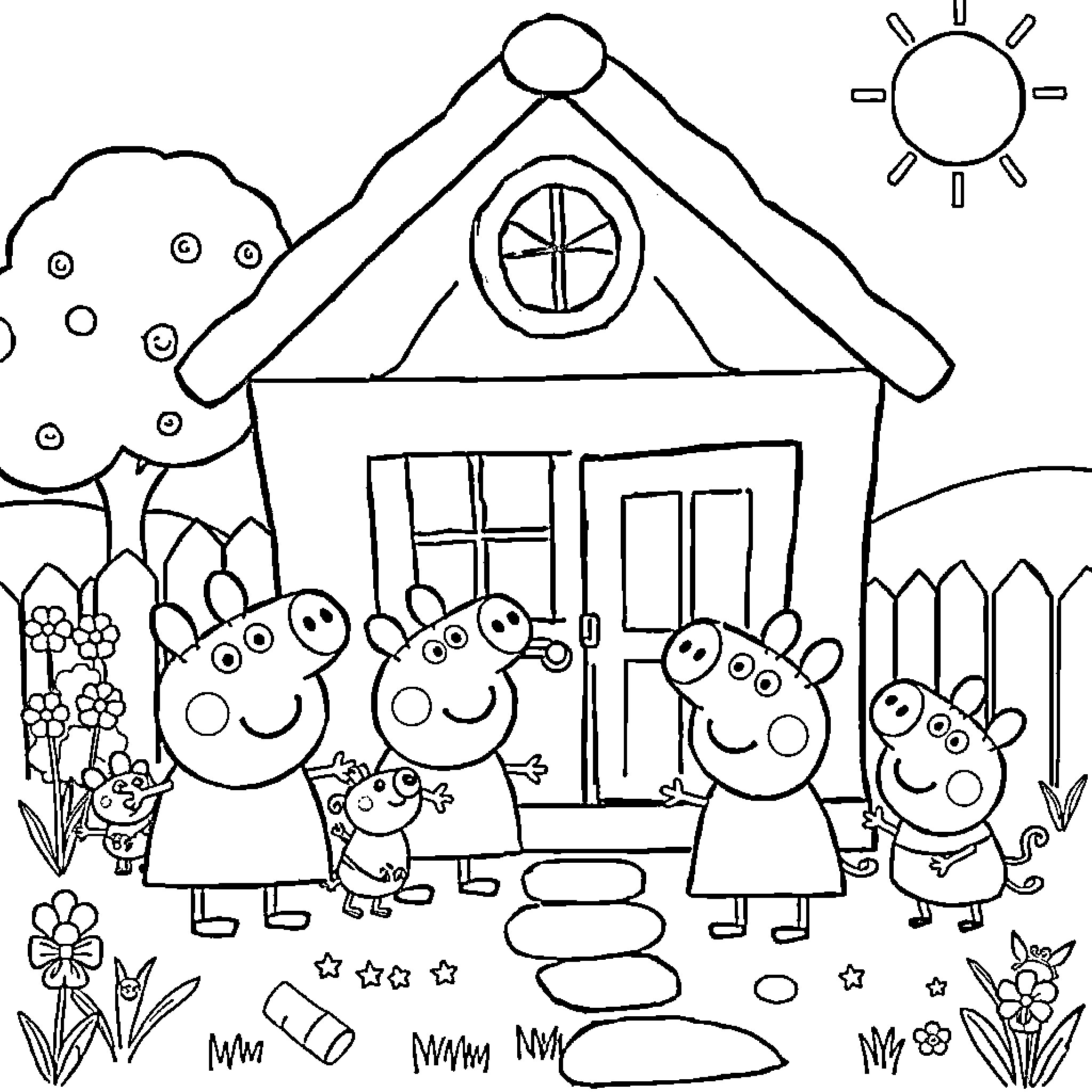 Peppa Pig family enjoying a day outdoors Coloring Page (free black-and-white line drawing printable PDF for all, from beginners to advanced learners, including children, teens, adults, and seniors)