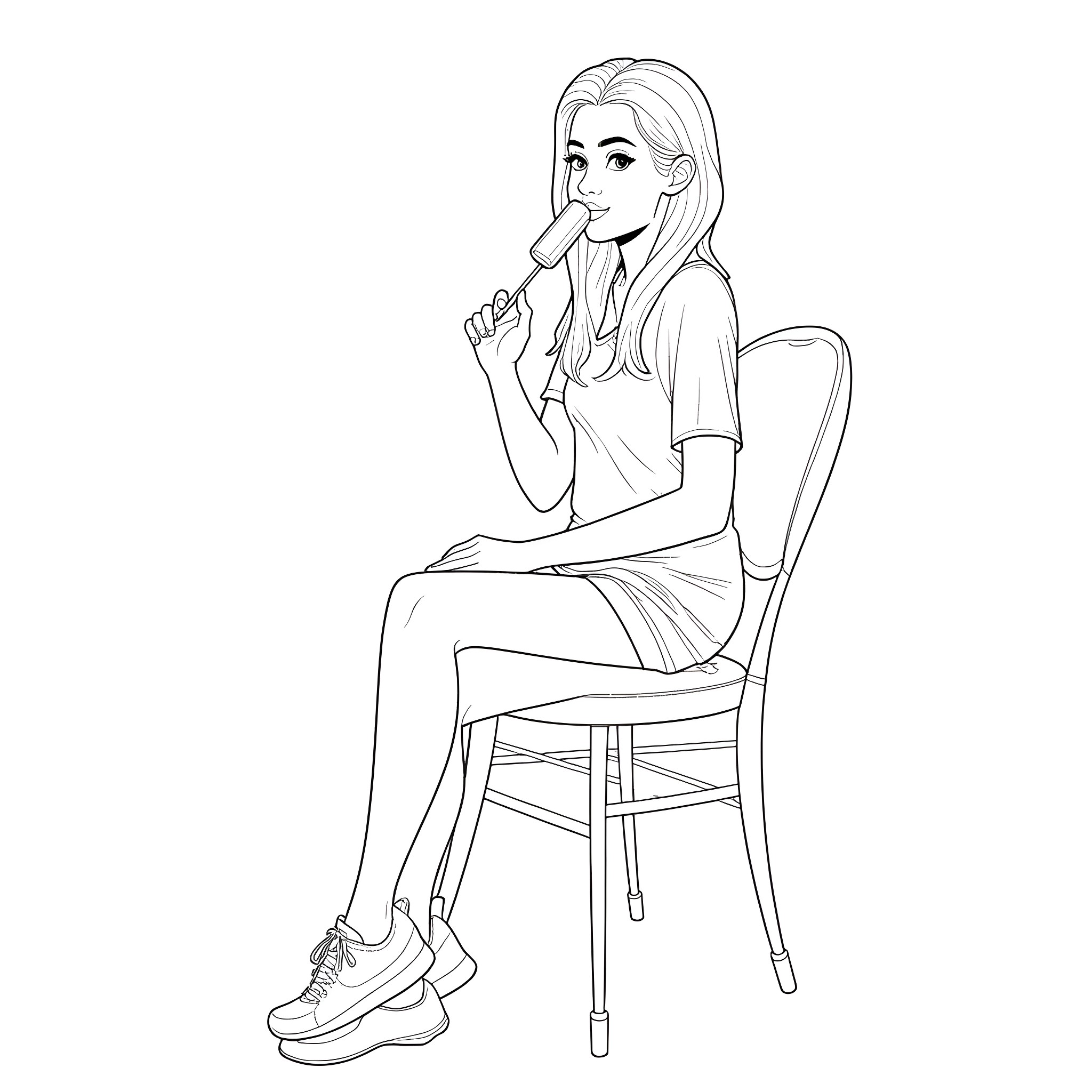 Woman contemplating with finger on chin Coloring Page (free black-and-white line drawing printable PDF for all, from beginners to advanced learners, including children, teens, adults, and seniors)