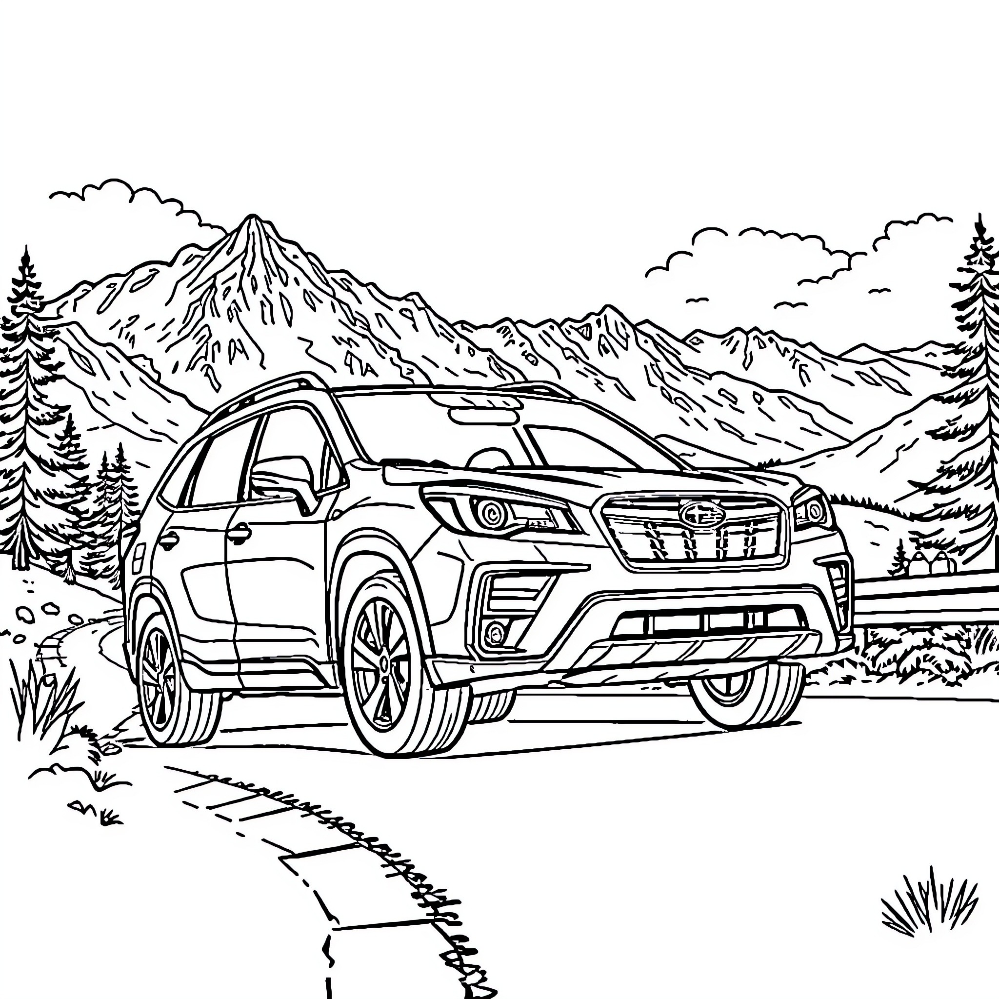 Subaru Forester exploring mountain trails Coloring Page (free black-and-white line drawing printable PDF for all, from beginners to advanced learners, including children, teens, adults, and seniors)