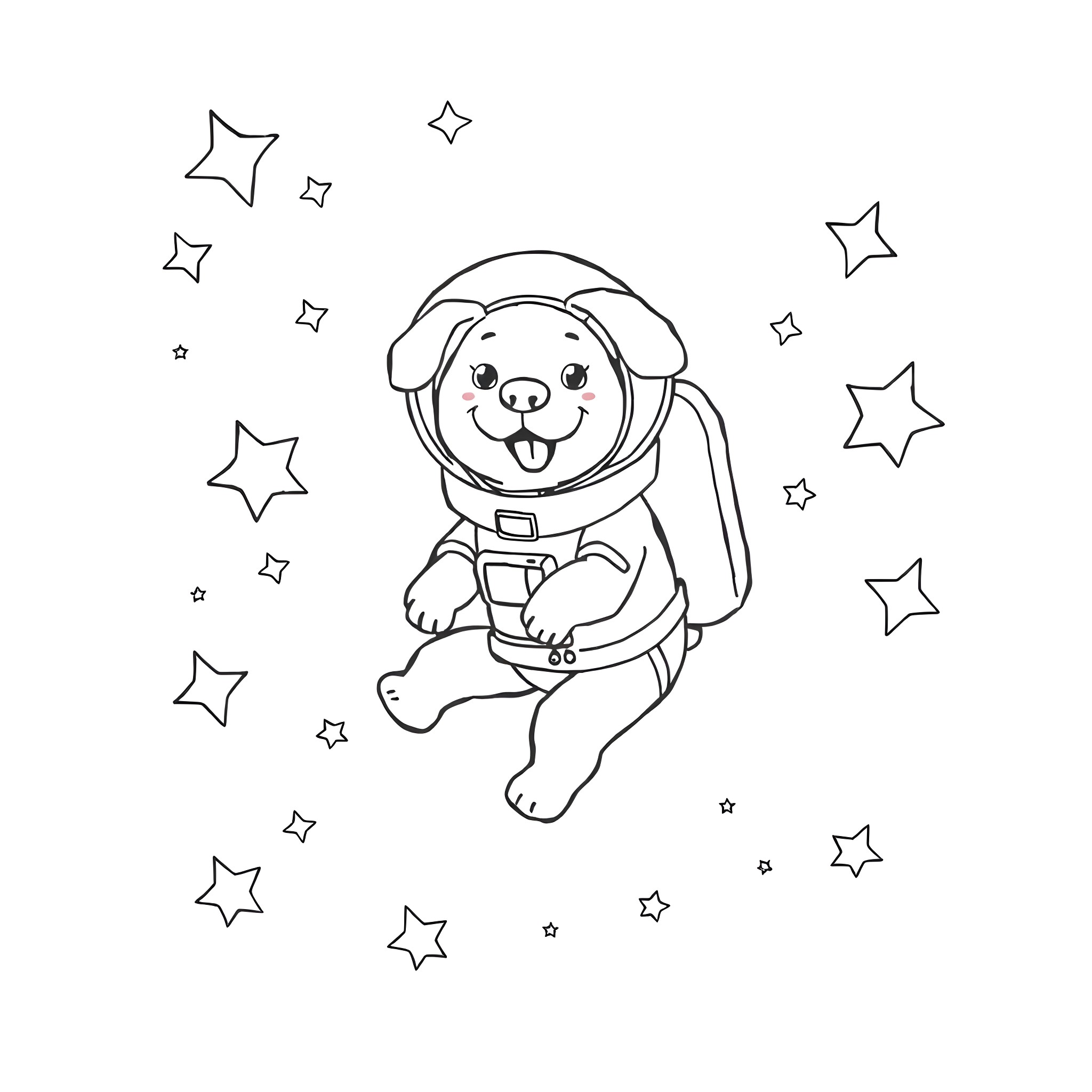 Dog Astronaut Floating in Space with Stars Coloring Page (free black-and-white line drawing printable PDF for all, from beginners to advanced learners, including children, teens, adults, and seniors)
