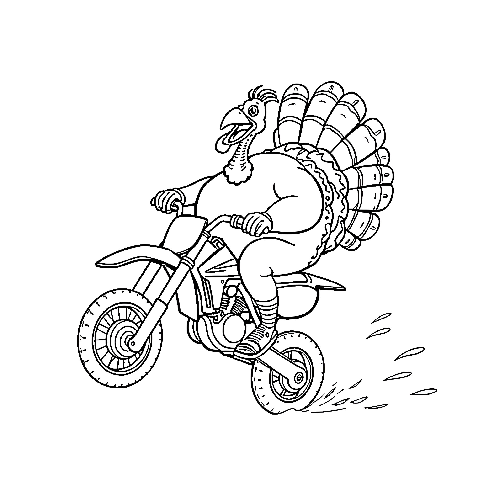 Turkey riding a motorcycle with enthusiasm Coloring Page (free black-and-white line drawing printable PDF for all, from beginners to advanced learners, including children, teens, adults, and seniors)