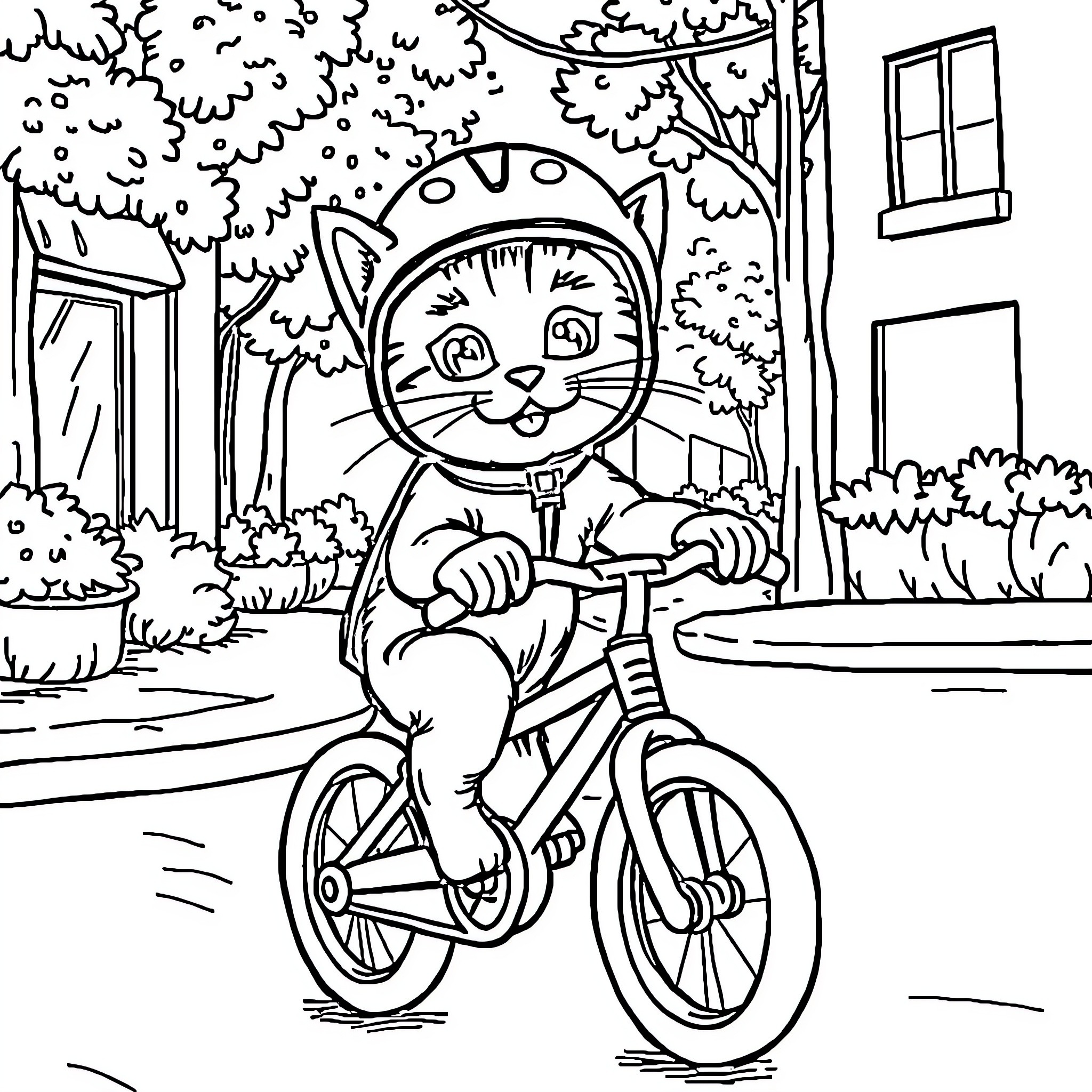 Cat Riding Bicycle Outdoors Coloring Page (free black-and-white line drawing printable PDF for all, from beginners to advanced learners, including children, teens, adults, and seniors)