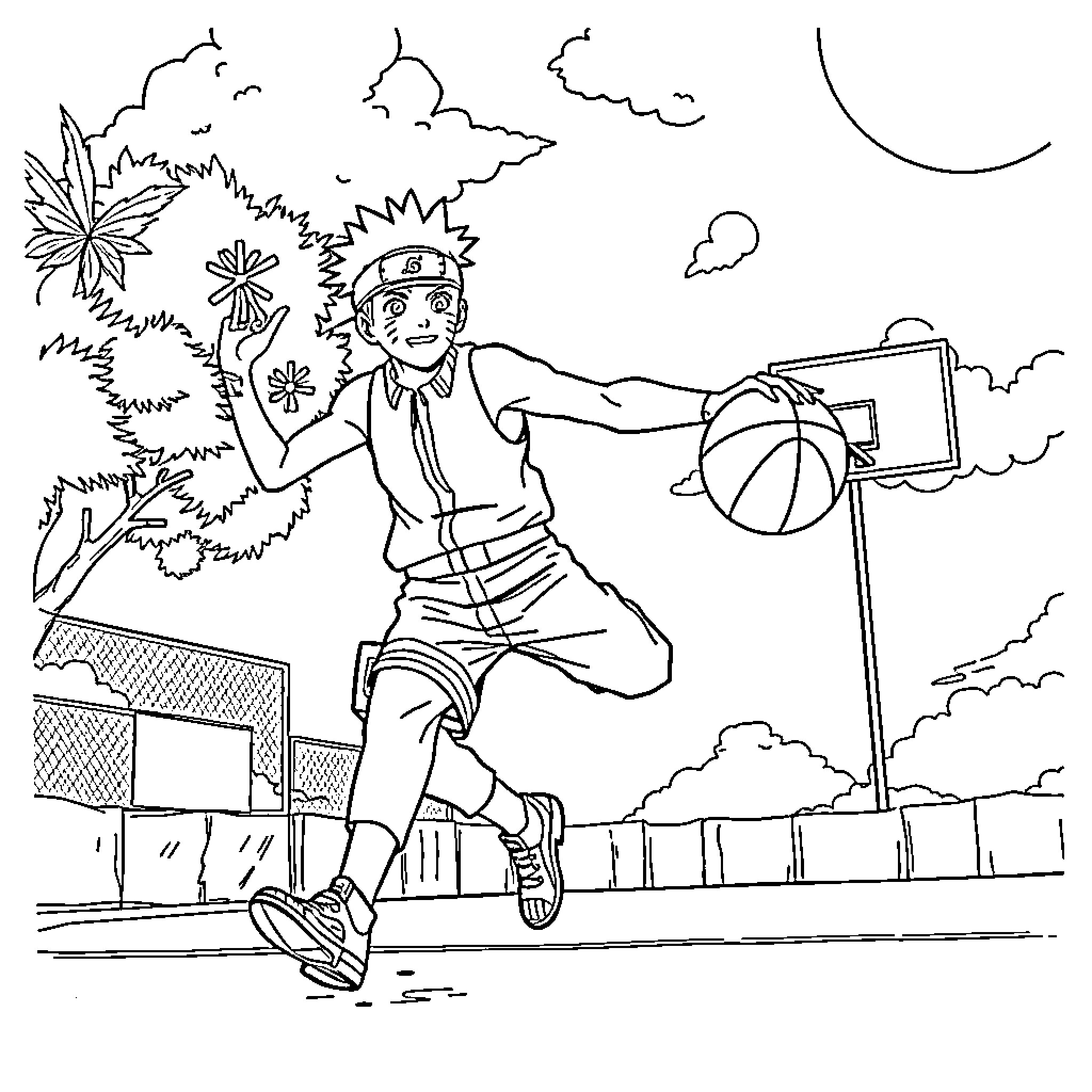 Naruto playing basketball on the court Coloring Page (free black-and-white line drawing printable PDF for all, from beginners to advanced learners, including children, teens, adults, and seniors)