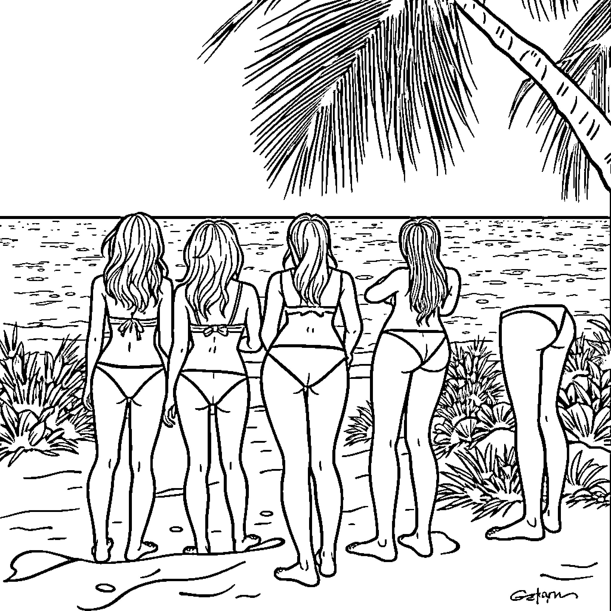 Teen girls enjoying a day at the beach Coloring Page (free black-and-white line drawing printable PDF for all, from beginners to advanced learners, including children, teens, adults, and seniors)