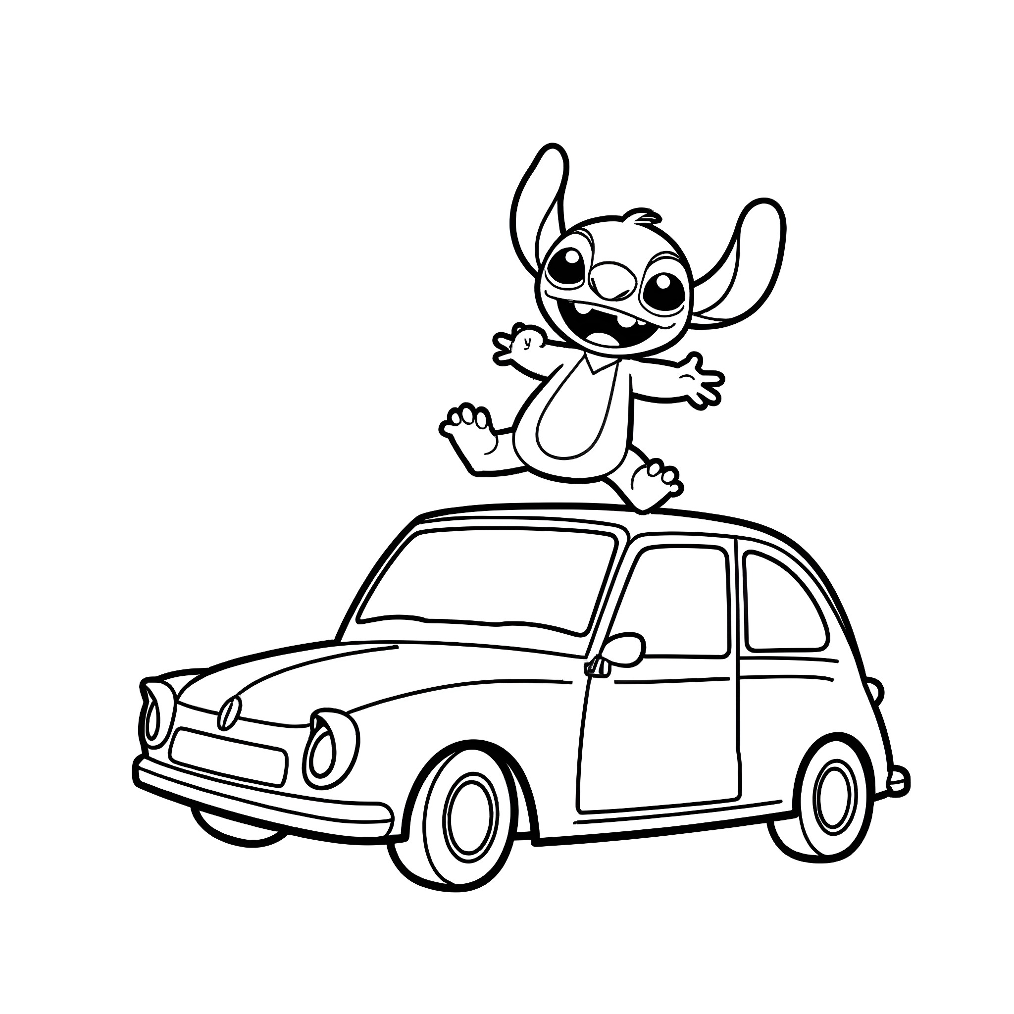 Stitch riding happily on a car Coloring Page (free black-and-white line drawing printable PDF for all, from beginners to advanced learners, including children, teens, adults, and seniors)