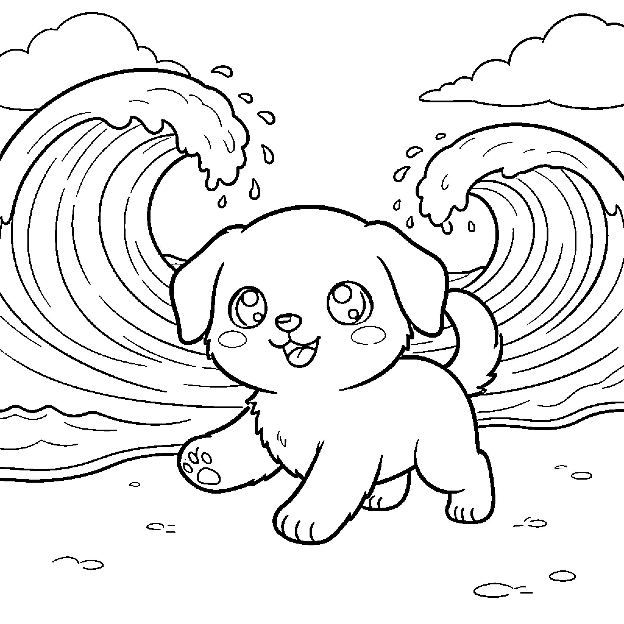 Dog playing happily in the ocean waves Coloring Page (free black-and-white line drawing printable PDF for all, from beginners to advanced learners, including children, teens, adults, and seniors)