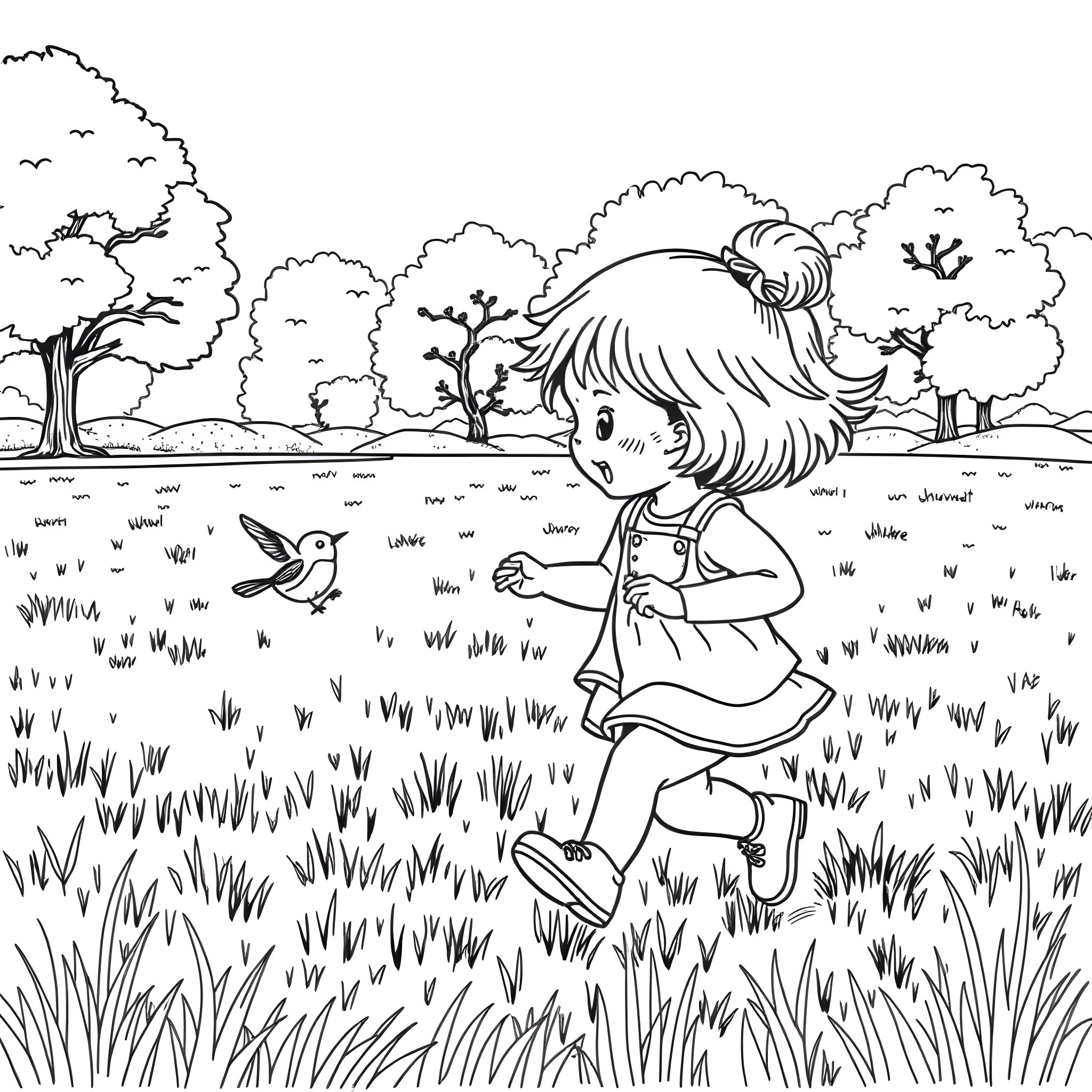 Girl chasing a bird in the meadow Coloring Page (free black-and-white line drawing printable PDF for all, from beginners to advanced learners, including children, teens, adults, and seniors)